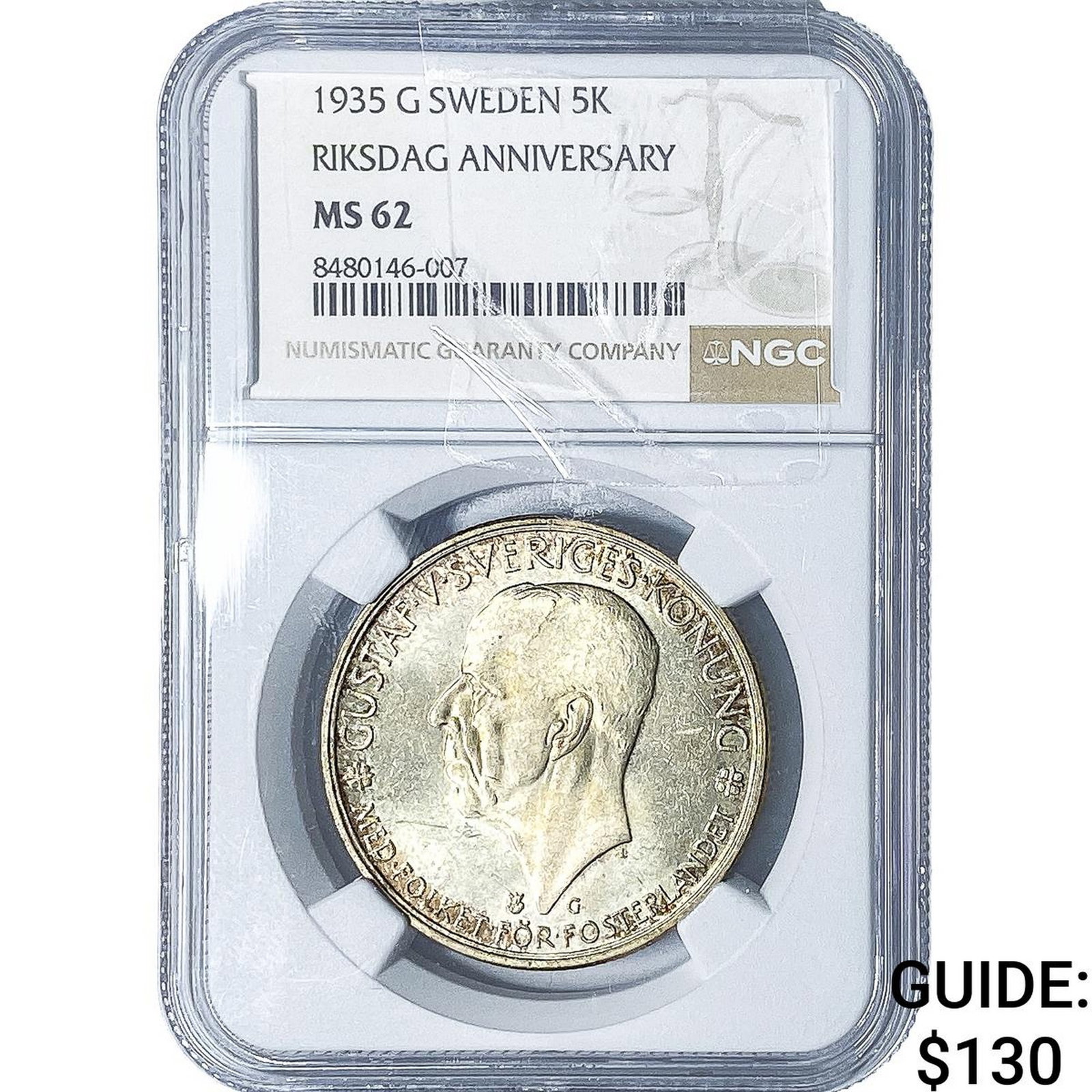1935 Sweden Riksdag Anniversary Silver 5 Kroner NGC MS62: 1935 Sweden Riksdag Anniversary Silver 5 Kroner NGC MS62