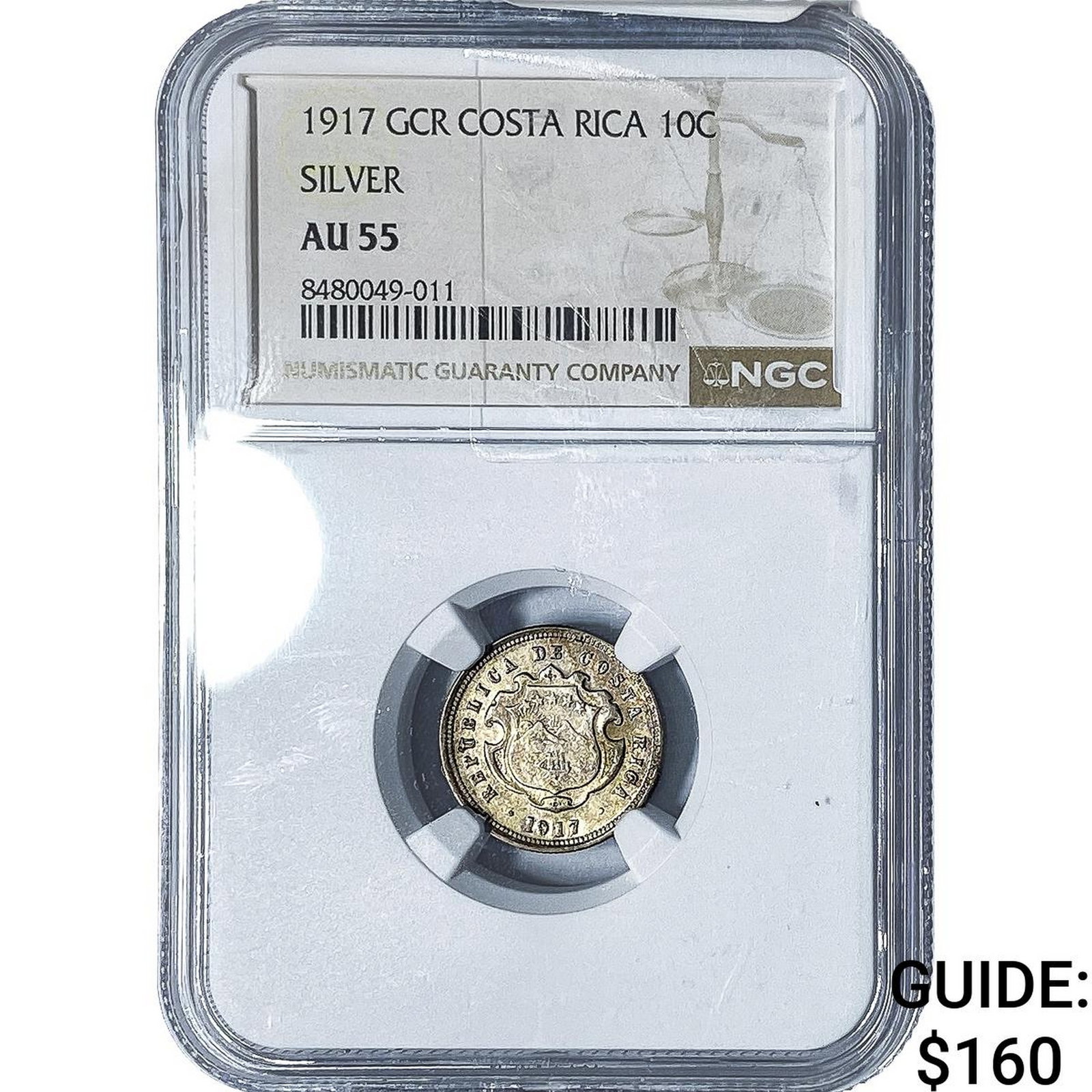 1917 Costa Rica SIlver 10 Centavos NGC AU55: 1917 Costa Rica SIlver 10 Centavos NGC AU55