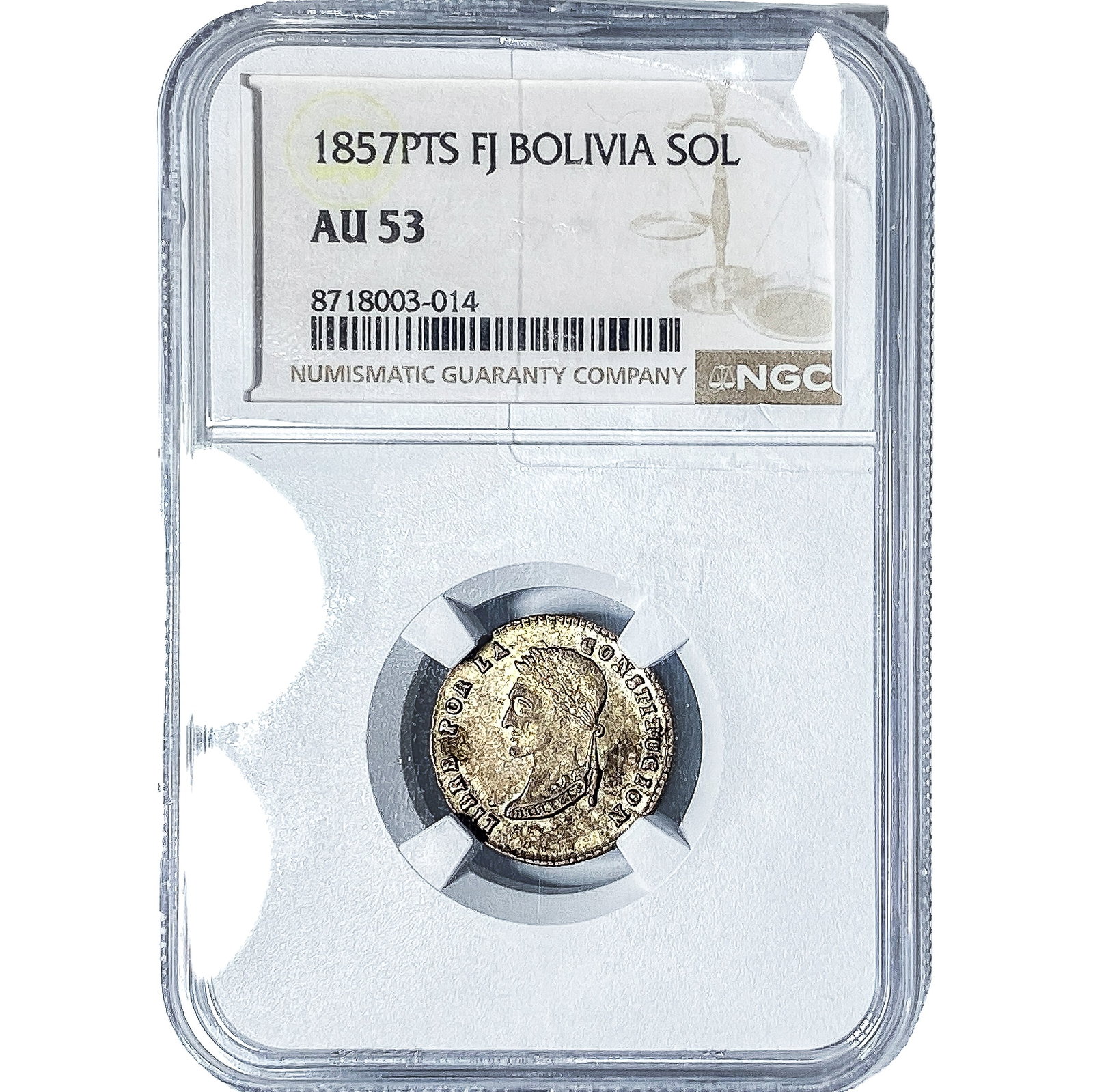 1857-PTS Bolivia Silver 1 Sol NGC AU53: 1857-PTS Bolivia Silver 1 Sol NGC AU53