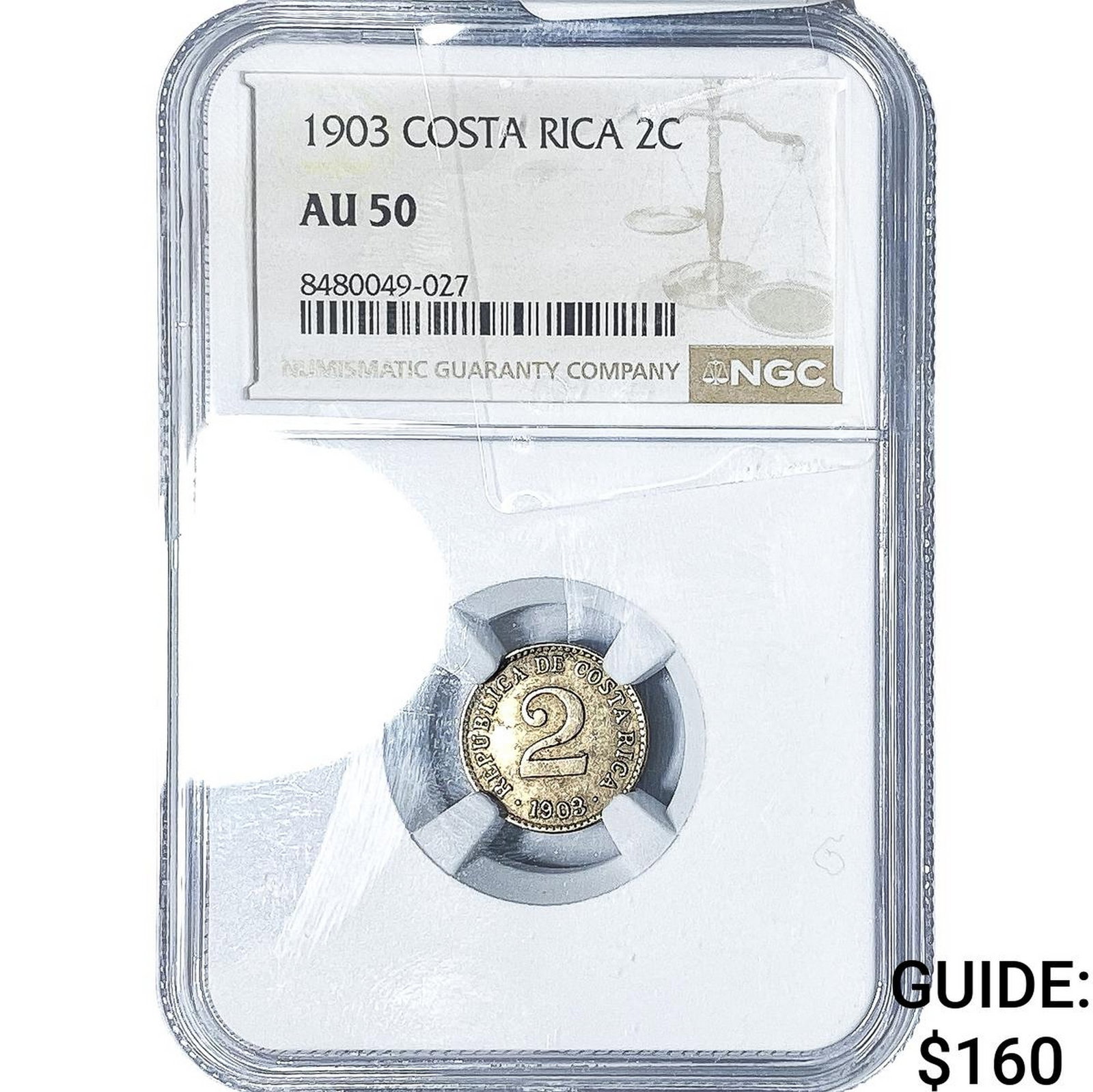 1903 Costa Rica Silver 2 Centimos NGC AU50: 1903 Costa Rica Silver 2 Centimos NGC AU50