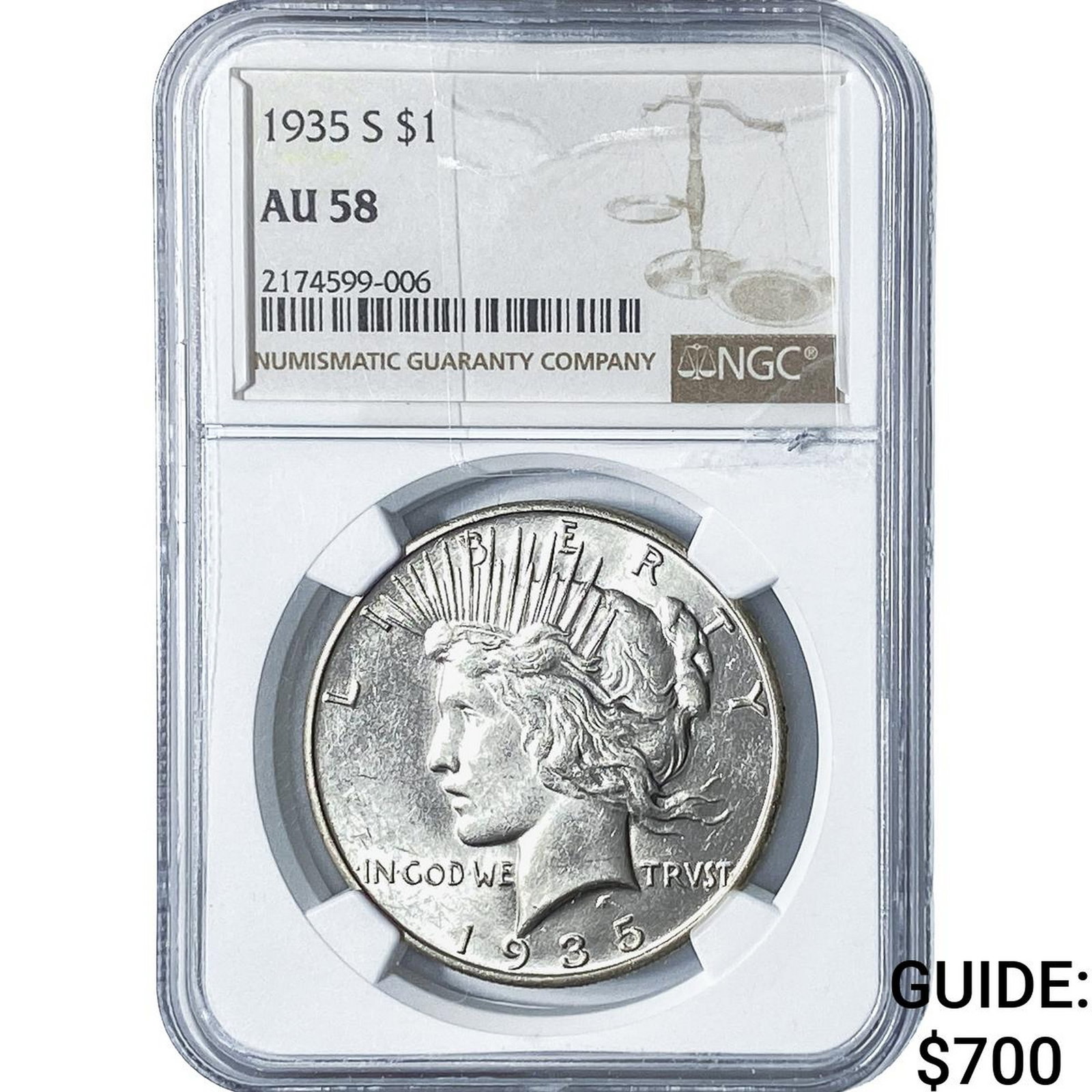 1935-S Silver Peace Dollar NGC AU58: 1935-S Silver Peace Dollar NGC AU58