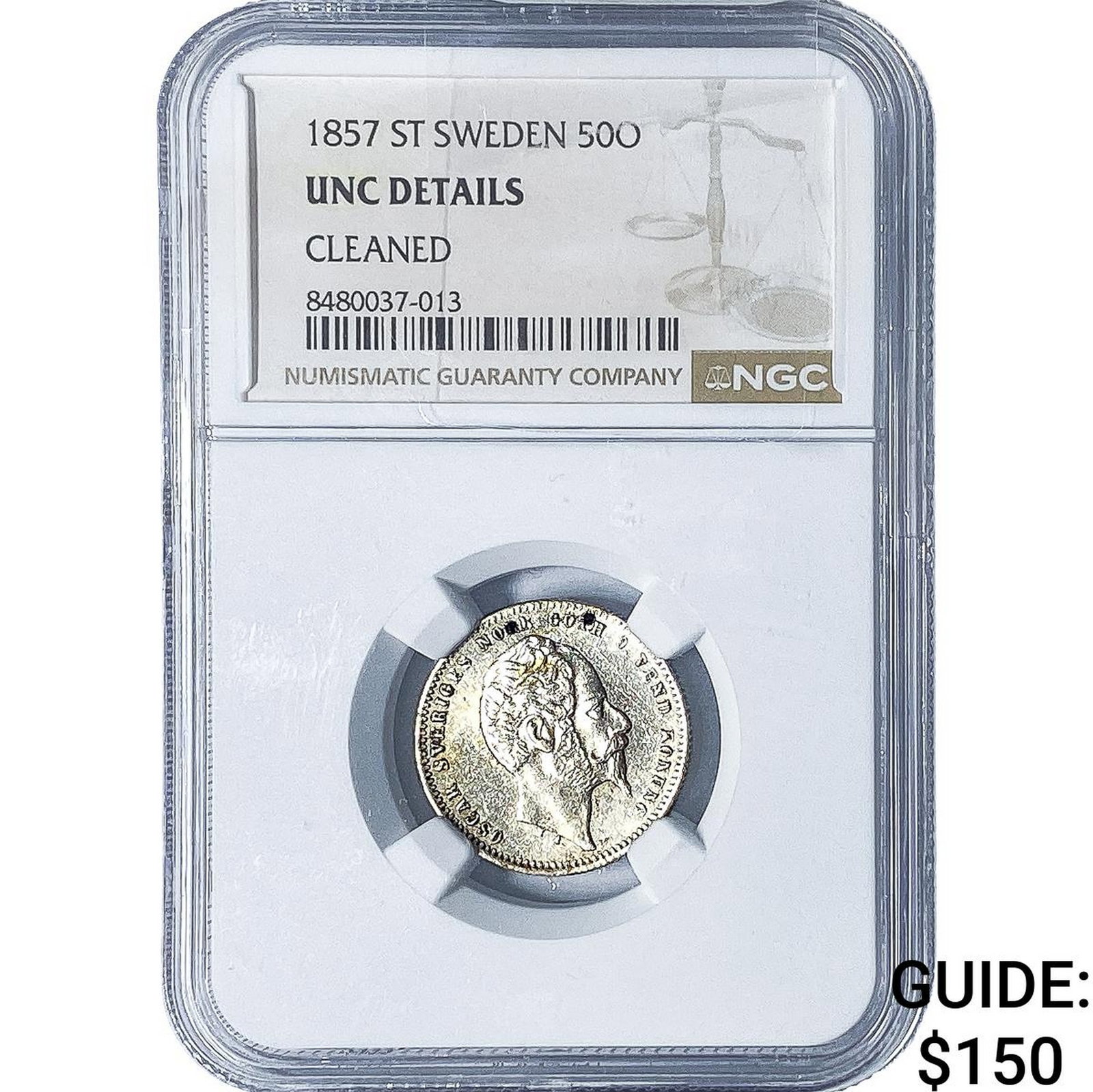 1857 Sweden Silver 50 Ore NGC UNC Details (1 of 2)