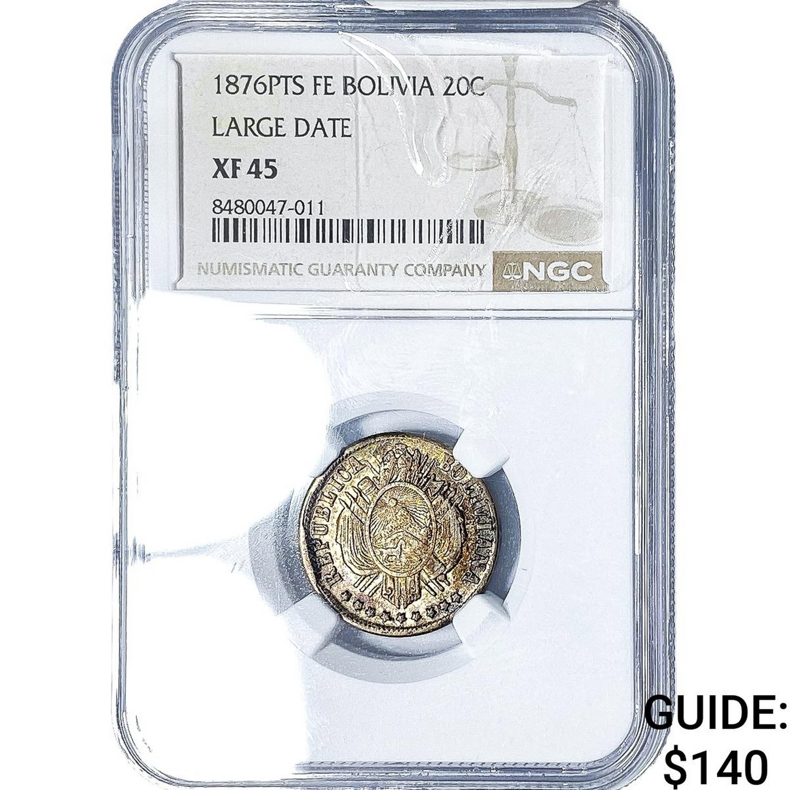 1876-PTS Bolivia Silver Large Date 20 Centavos NGC XF45: 1876-PTS Bolivia Silver Large Date 20 Centavos NGC XF45