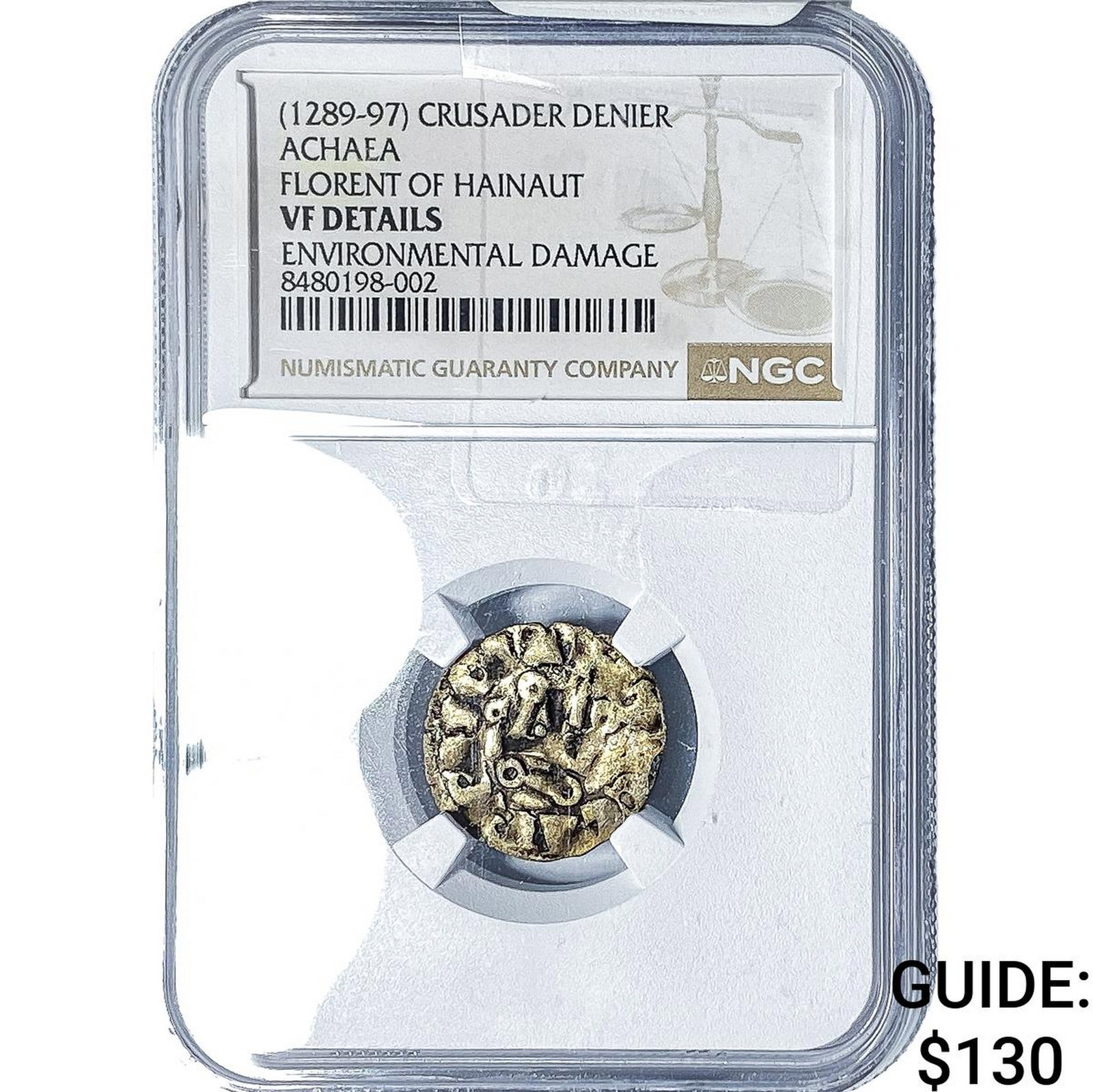 (1289-97) Achaea, Crusader States SIlver Denier NGC VF Details: (1289-97) Achaea, Crusader States SIlver Denier NGC VF Details
