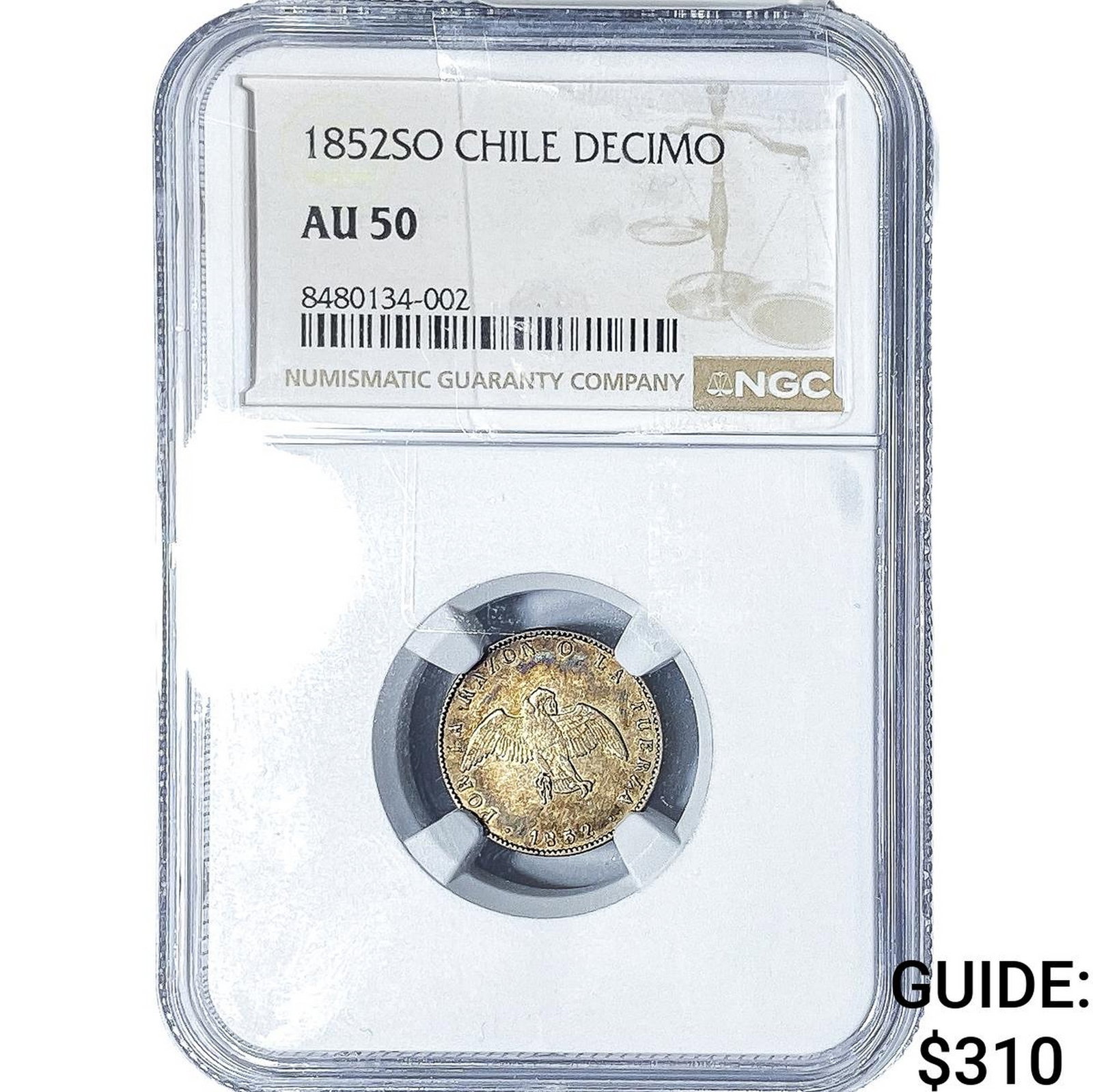 1852-SO Chile Silver Decimo NGC AU50: 1852-SO Chile Silver Decimo NGC AU50