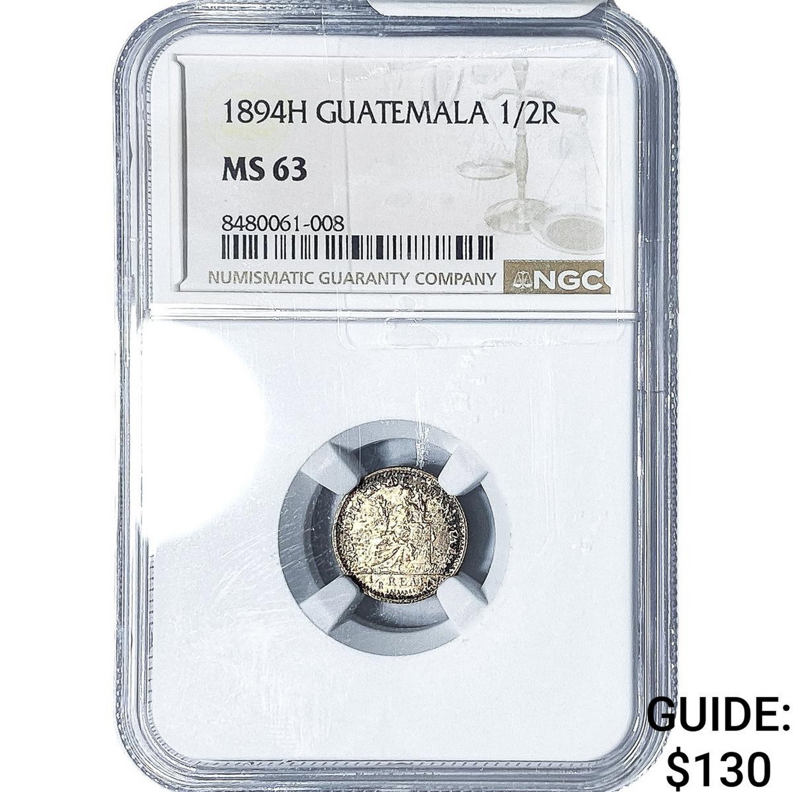 1894-H Guatemala Silver 1/2 Real NGC MS63: 1894-H Guatemala Silver 1/2 Real NGC MS63