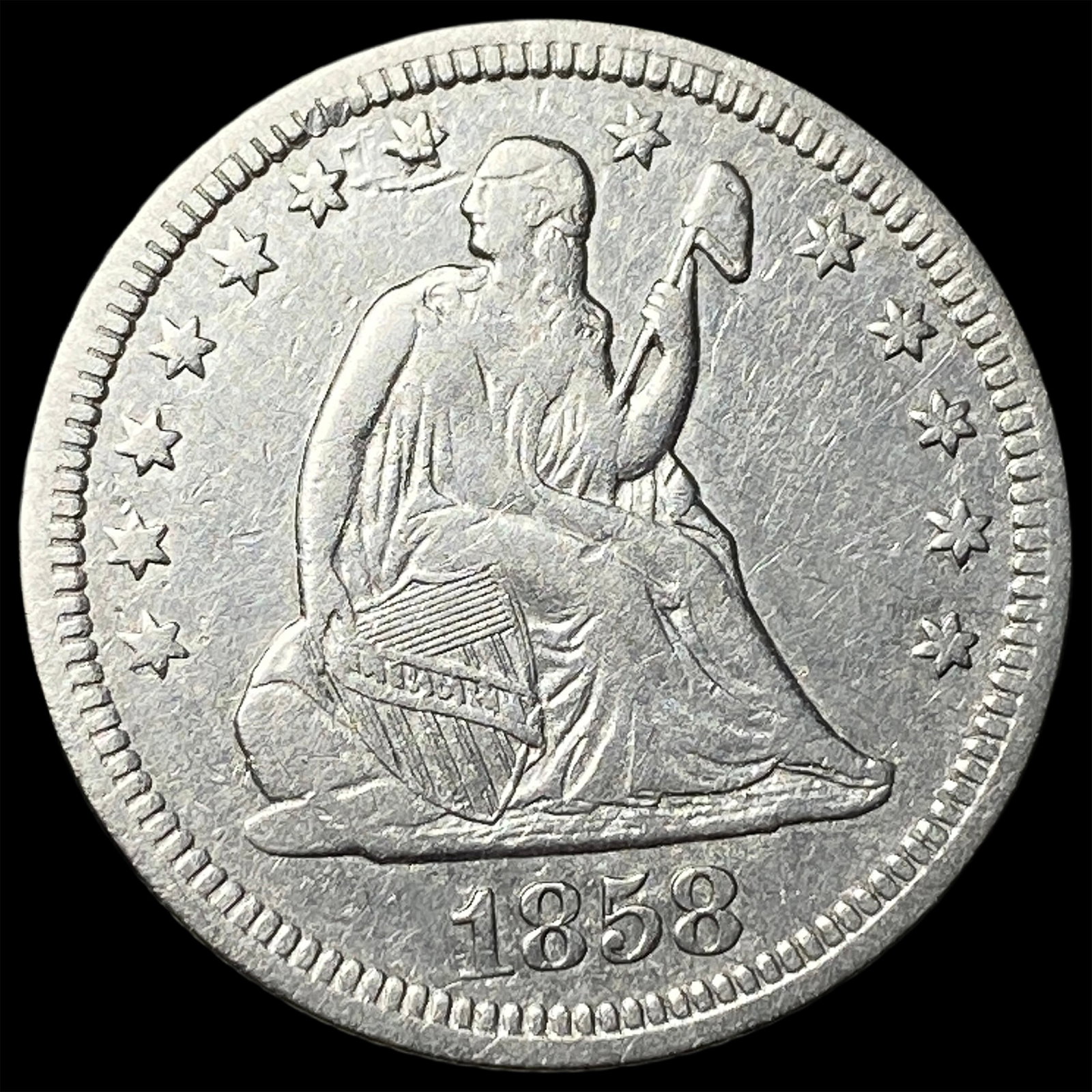 1858 Silver Seated Liberty Quarter CLOSELY UNCIRCULATED: 1858 Silver Seated Liberty Quarter CLOSELY UNCIRCULATED