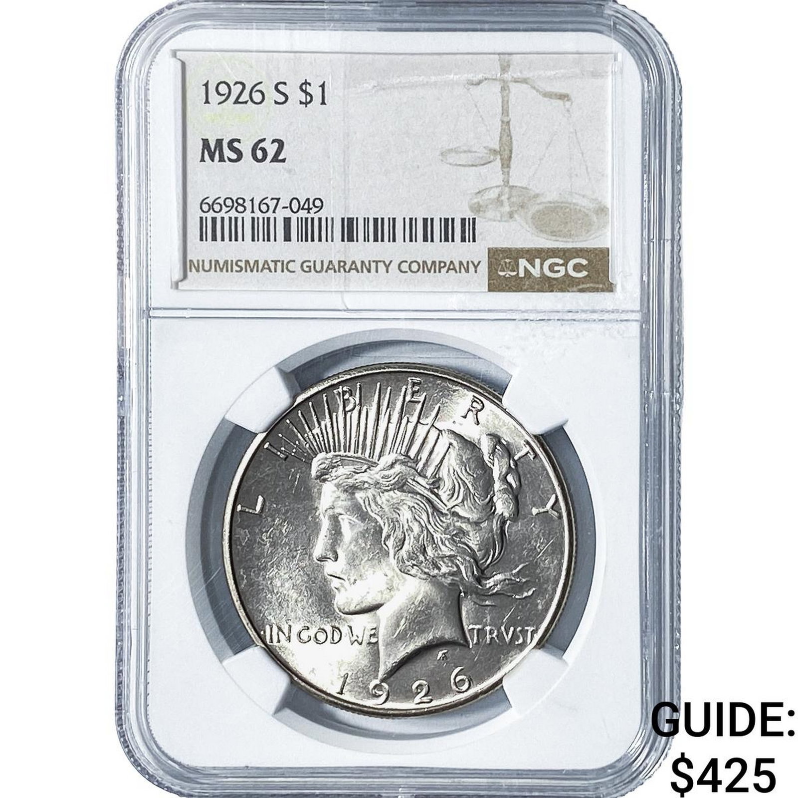 1926-S Silver Peace Dollar NGC MS62: 1926-S Silver Peace Dollar NGC MS62