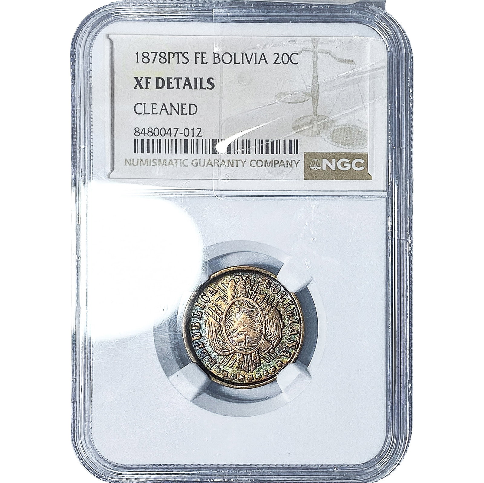 1878-PTS Bolivia Silver 20 Centavos Toned! NGC XF Details: 1878-PTS Bolivia Silver 20 Centavos Toned! NGC XF Details