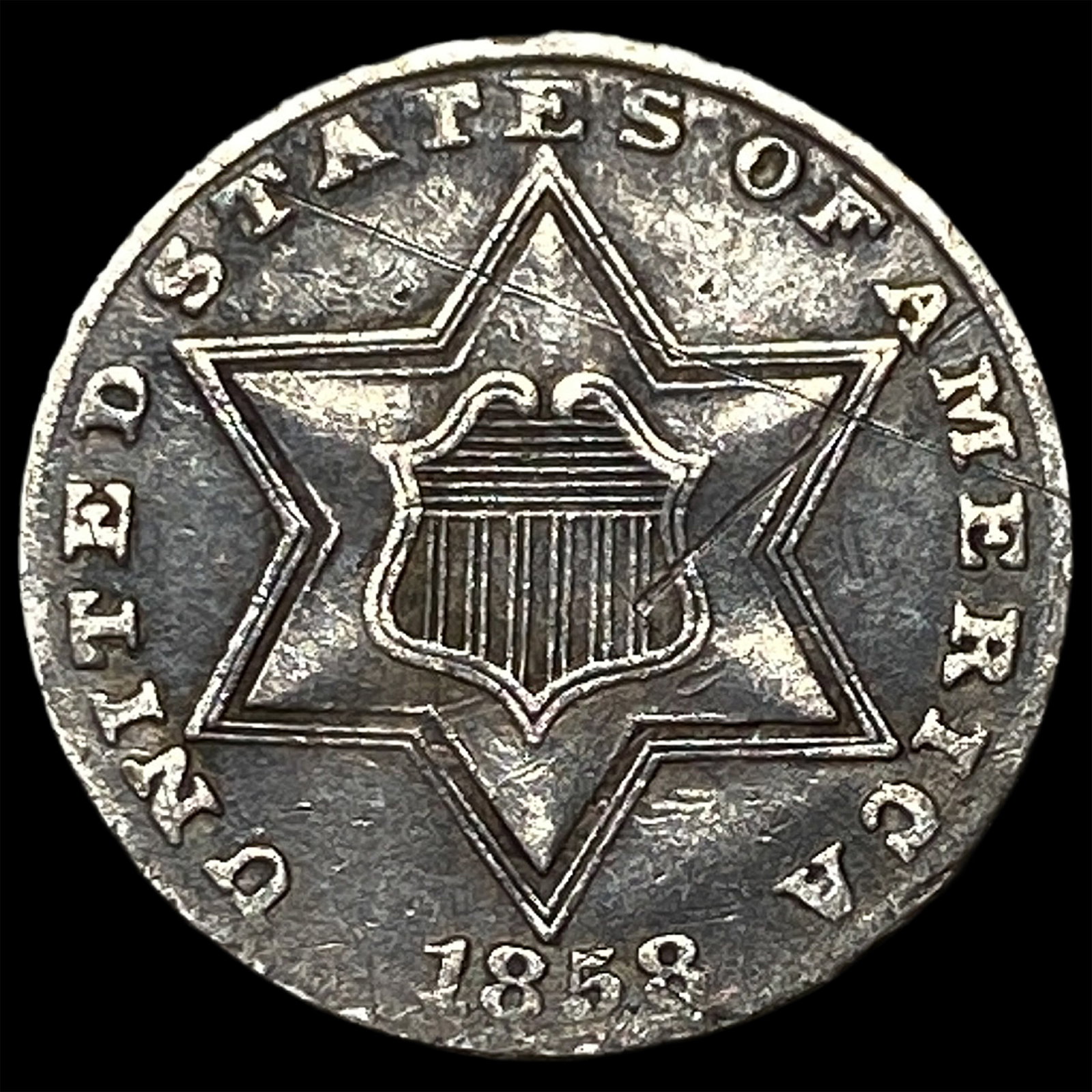 1858 Silver Three-Cent Piece CLOSELY UNCIRCULATED: 1858 Silver Three-Cent Piece CLOSELY UNCIRCULATED