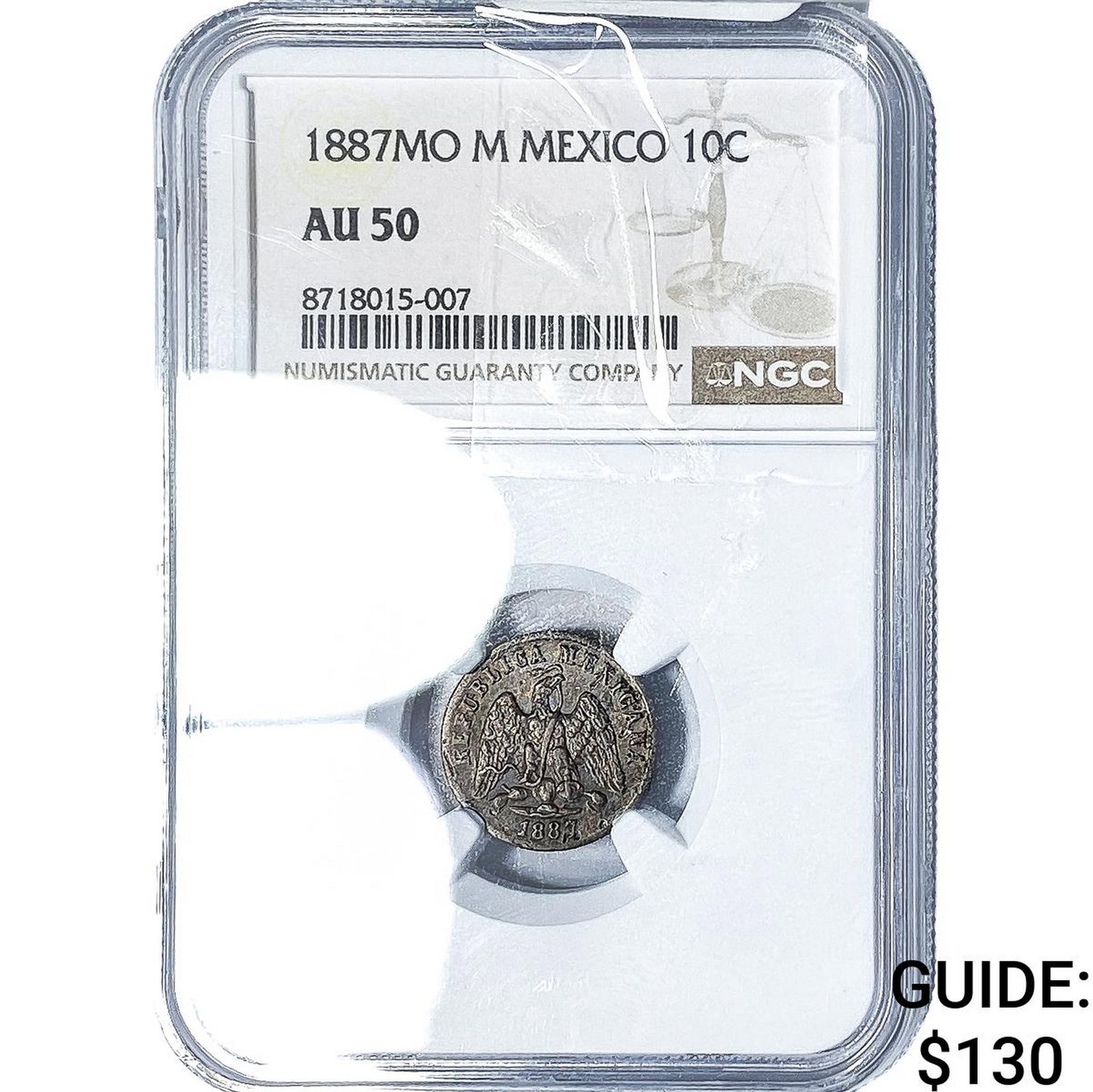 1887 Mexico Silver 10 Centavos NGC AU50: 1887 Mexico Silver 10 Centavos NGC AU50