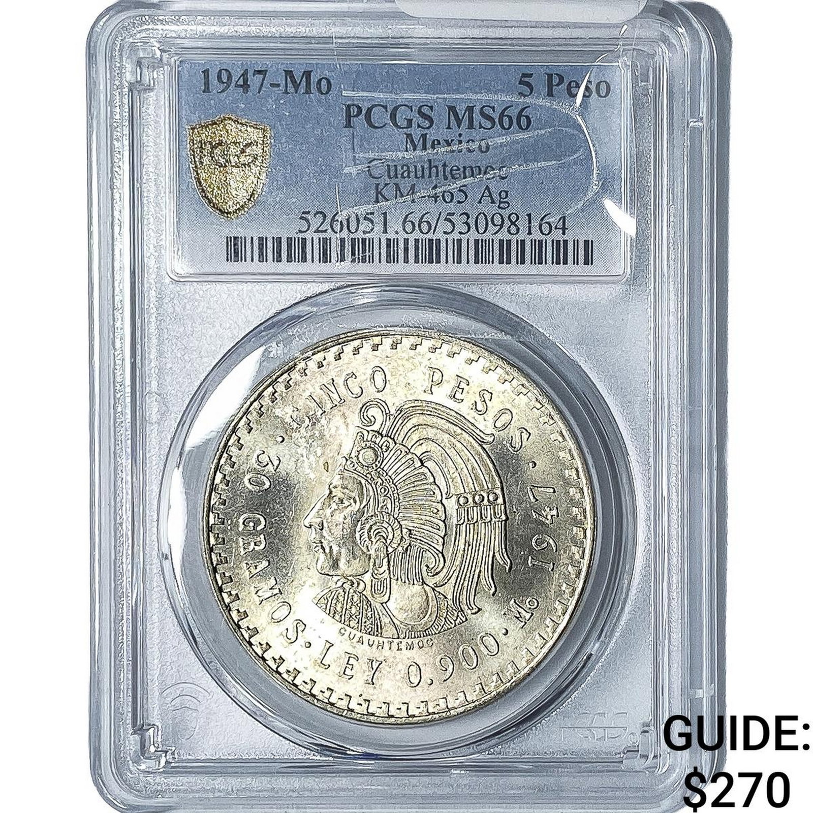 1947 Mexico Silver Cuahutemoc 5 Pesos NGC MS66: 1947 Mexico Silver Cuahutemoc 5 Pesos NGC MS66