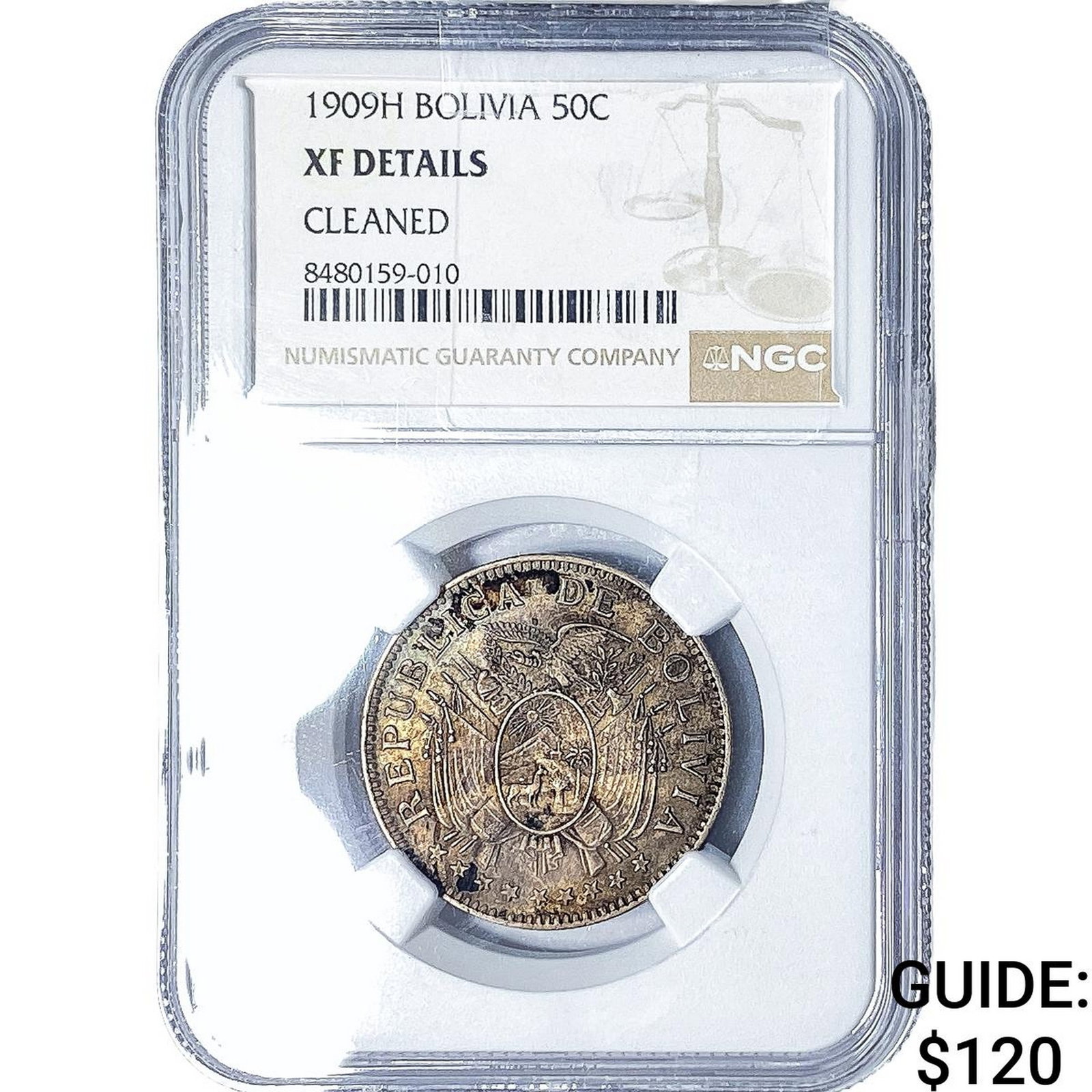 1909-H Bolivia Silver 50 Centavos NGC XF Details: 1909-H Bolivia Silver 50 Centavos NGC XF Details