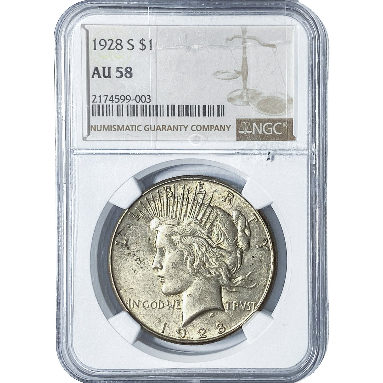1928-S Silver Peace Dollar NGC AU58: 1928-S Silver Peace Dollar NGC AU58