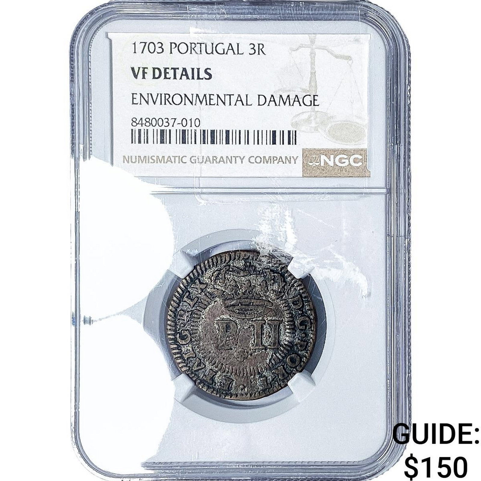 1703 Portugal Copper 3 Reis NGC VF Details: 1703 Portugal Copper 3 Reis NGC VF Details