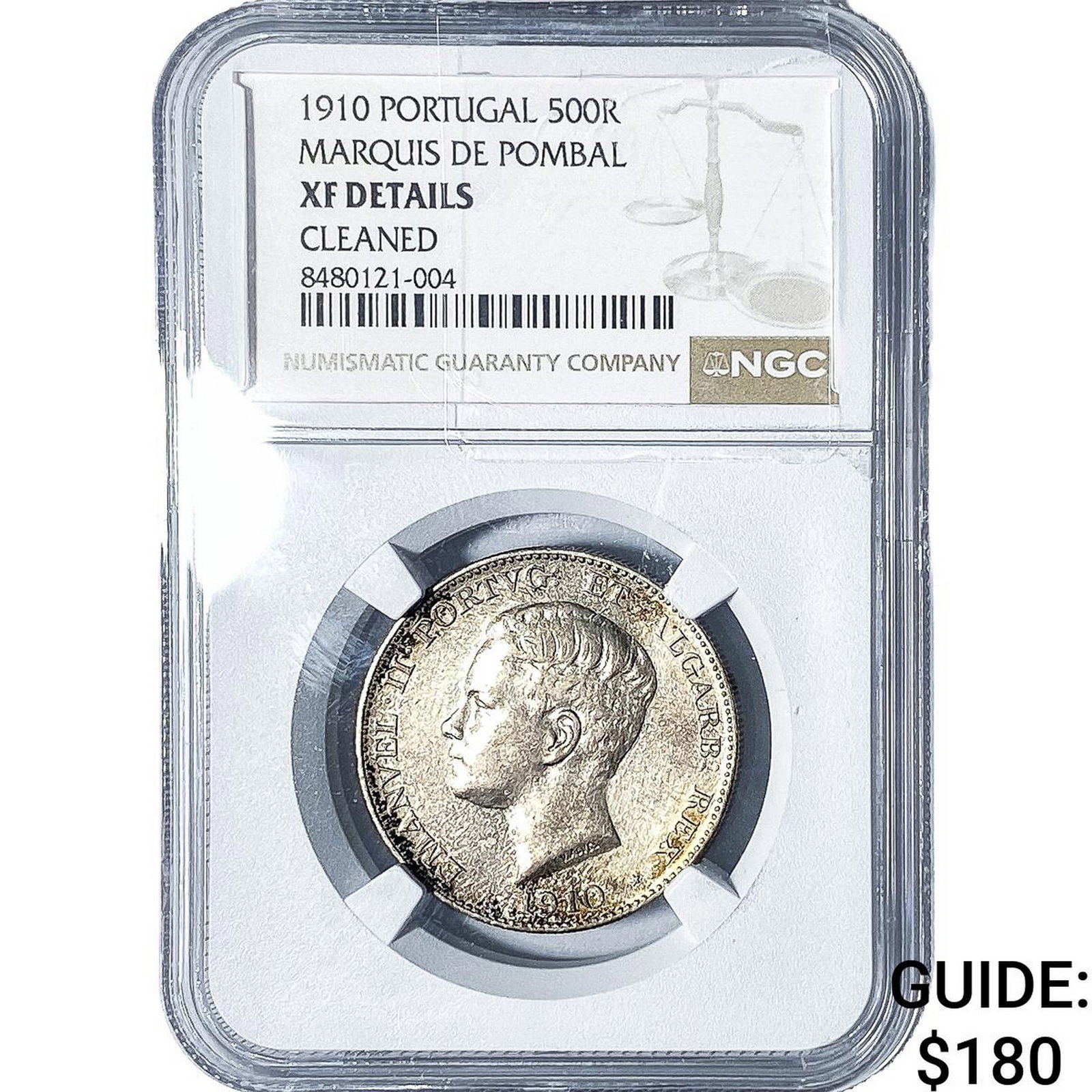 1910 Portugal Silver 500 Reis NGC XF Details: 1910 Portugal Silver 500 Reis NGC XF Details