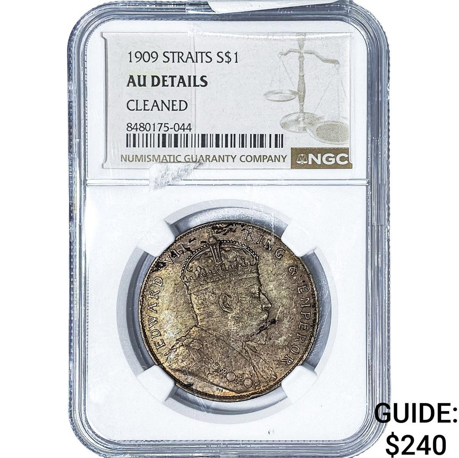 1909 Strait Settlements Silver 1 Dollar NGC AU Details: 1909 Strait Settlements Silver 1 Dollar NGC AU Details