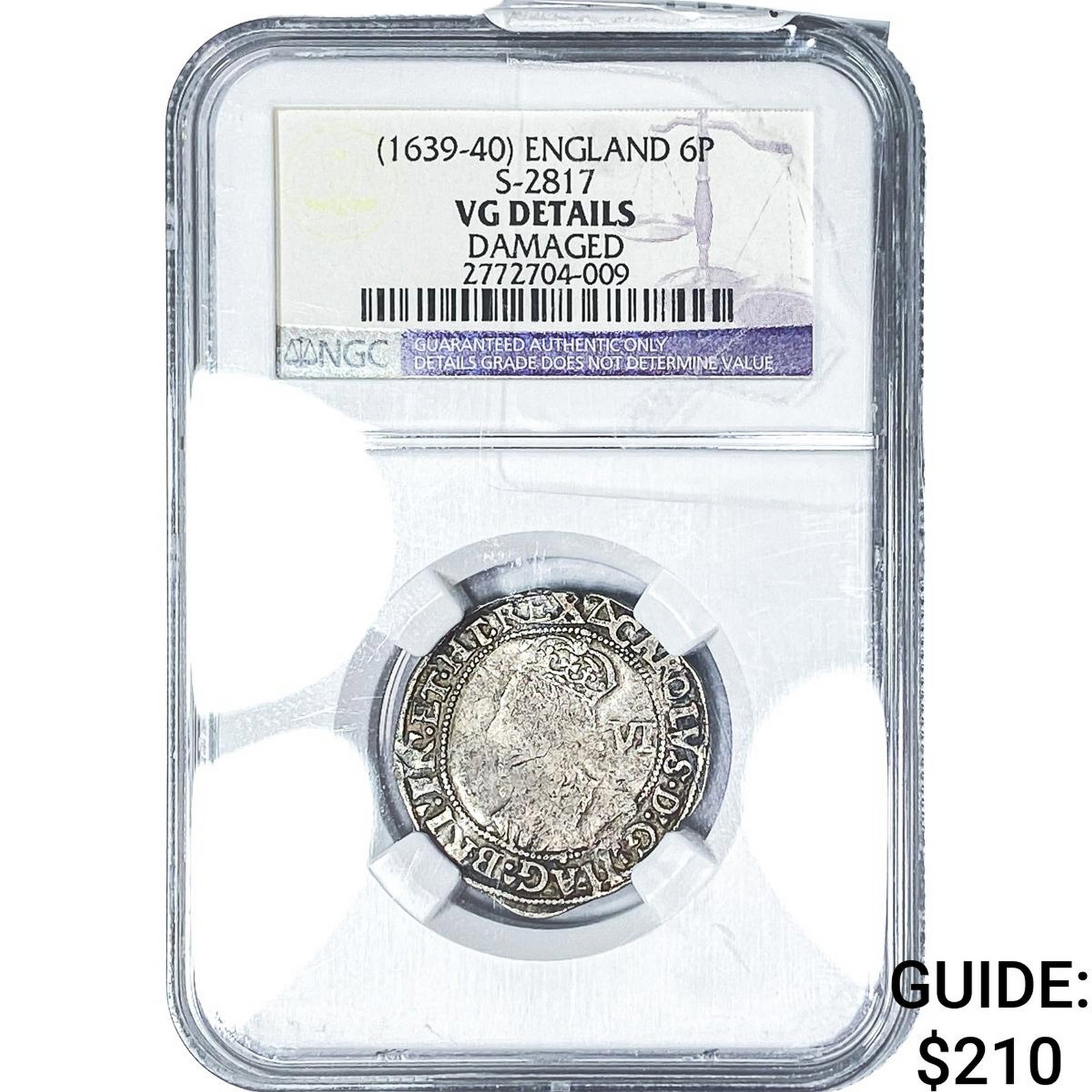(1639-40) Medieval England Charles I Silver 6 Pence NGC VG Details: (1639-40) Medieval England Charles I Silver 6 Pence NGC VG Details