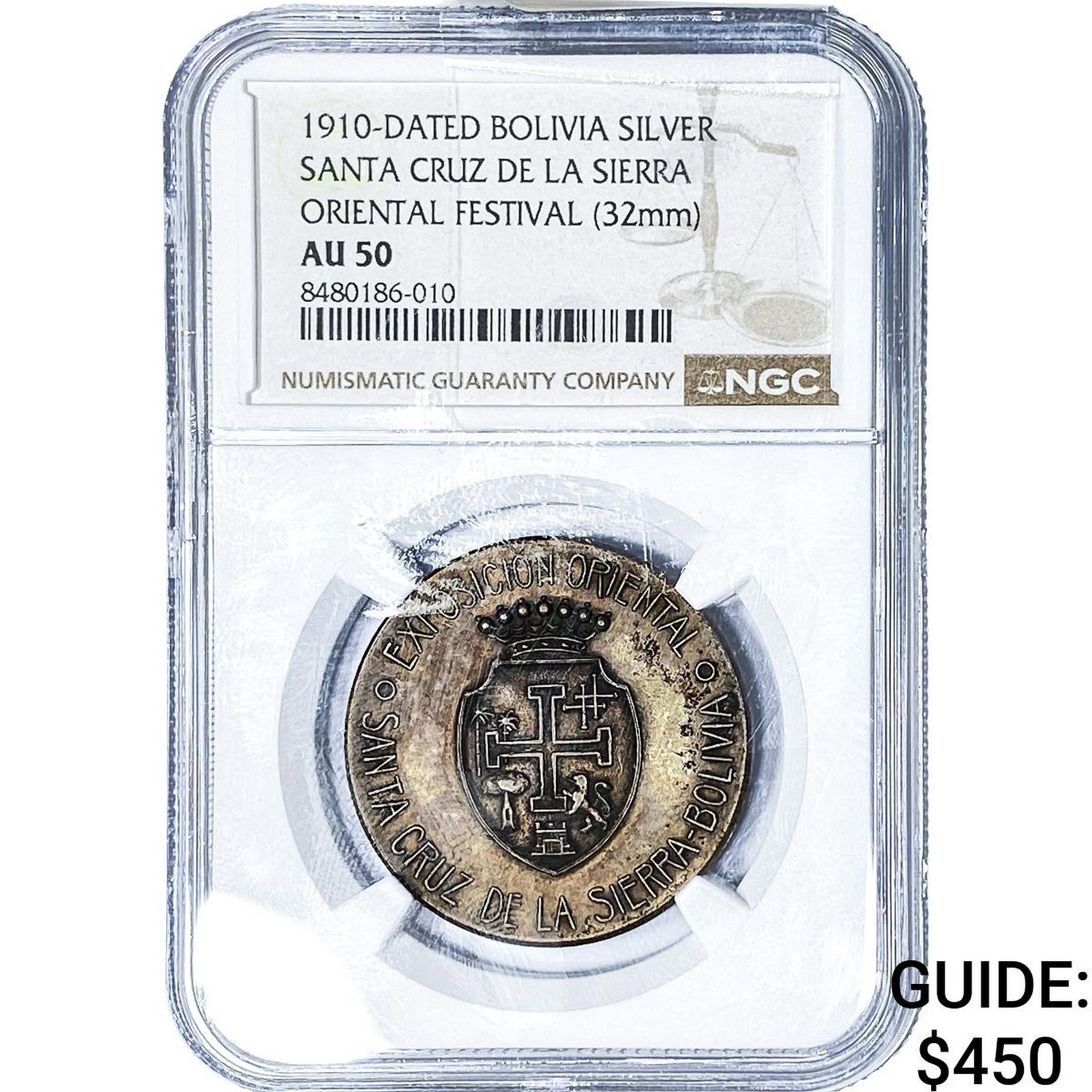 1910 Bolivia Silver Santa Cruz Oriental Festival Medal NGC AU50: 1910 Bolivia Silver Santa Cruz Oriental Festival Medal NGC AU50