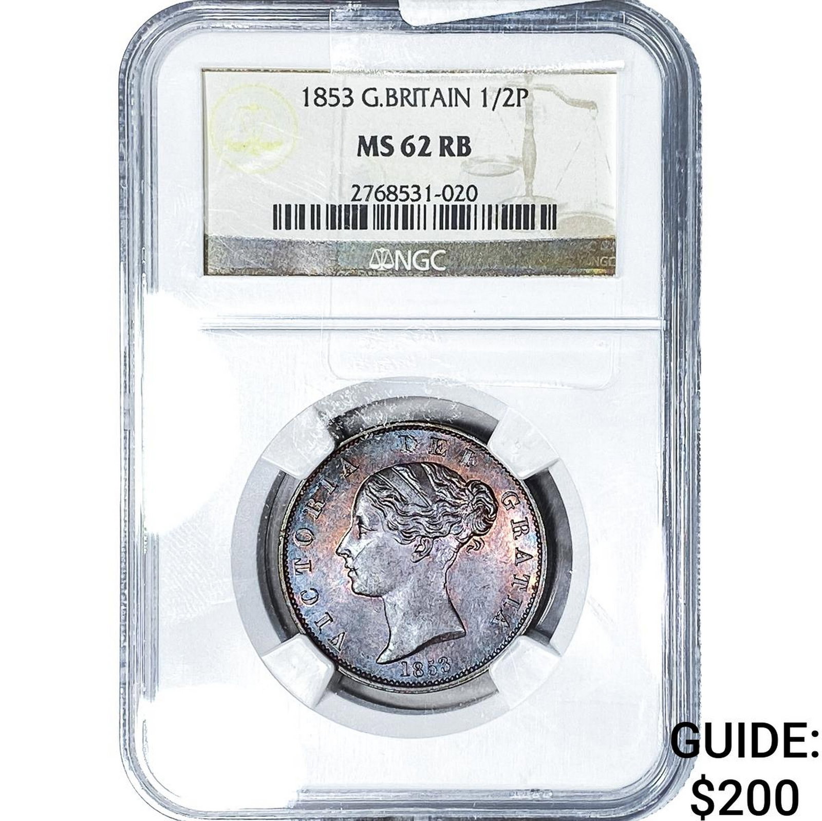 1853 Great Britain Copper 1/2 Penny TONED! NGC MS62 RB: 1853 Great Britain Copper 1/2 Penny TONED! NGC MS62 RB