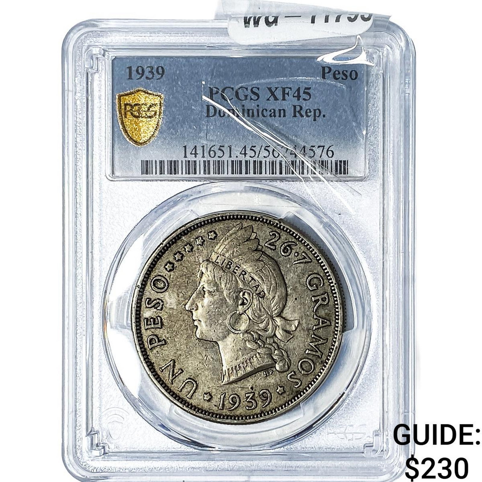 1939 Dominican Republic SIlver Peso PCGS XF45: 1939 Dominican Republic SIlver Peso PCGS XF45
