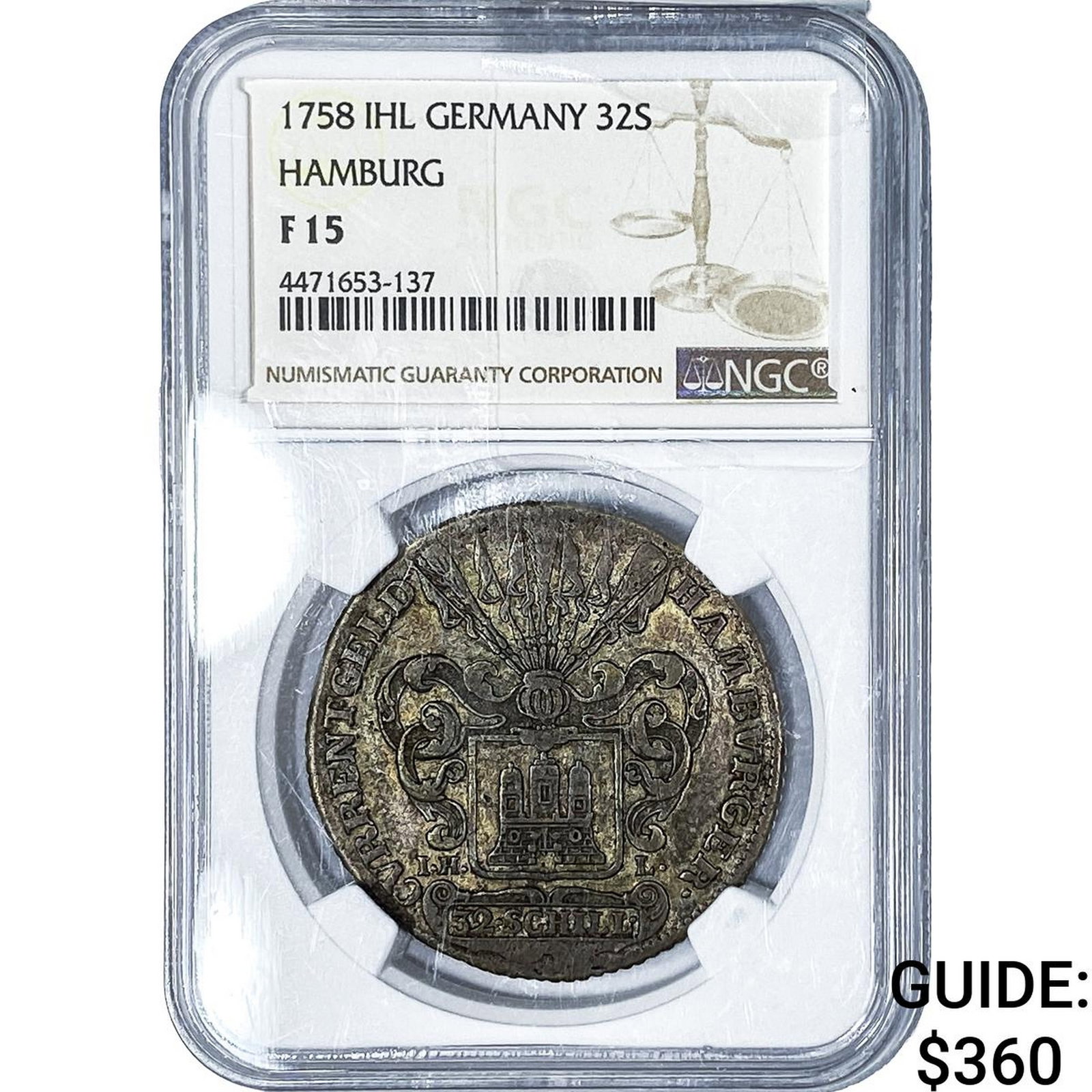 1758 Germany, Hamburg Silver 32 Schillings NGC F15: 1758 Germany, Hamburg Silver 32 Schillings NGC F15