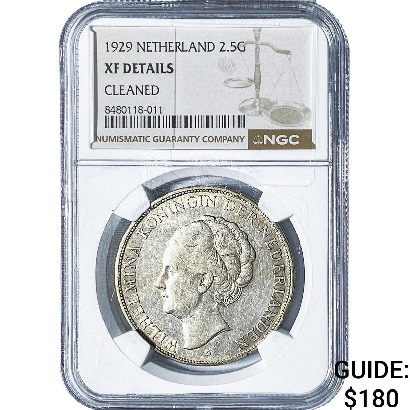 1929 Netherlands Silver 2.5 Gulden NGC XF Details: 1929 Netherlands Silver 2.5 Gulden NGC XF Details