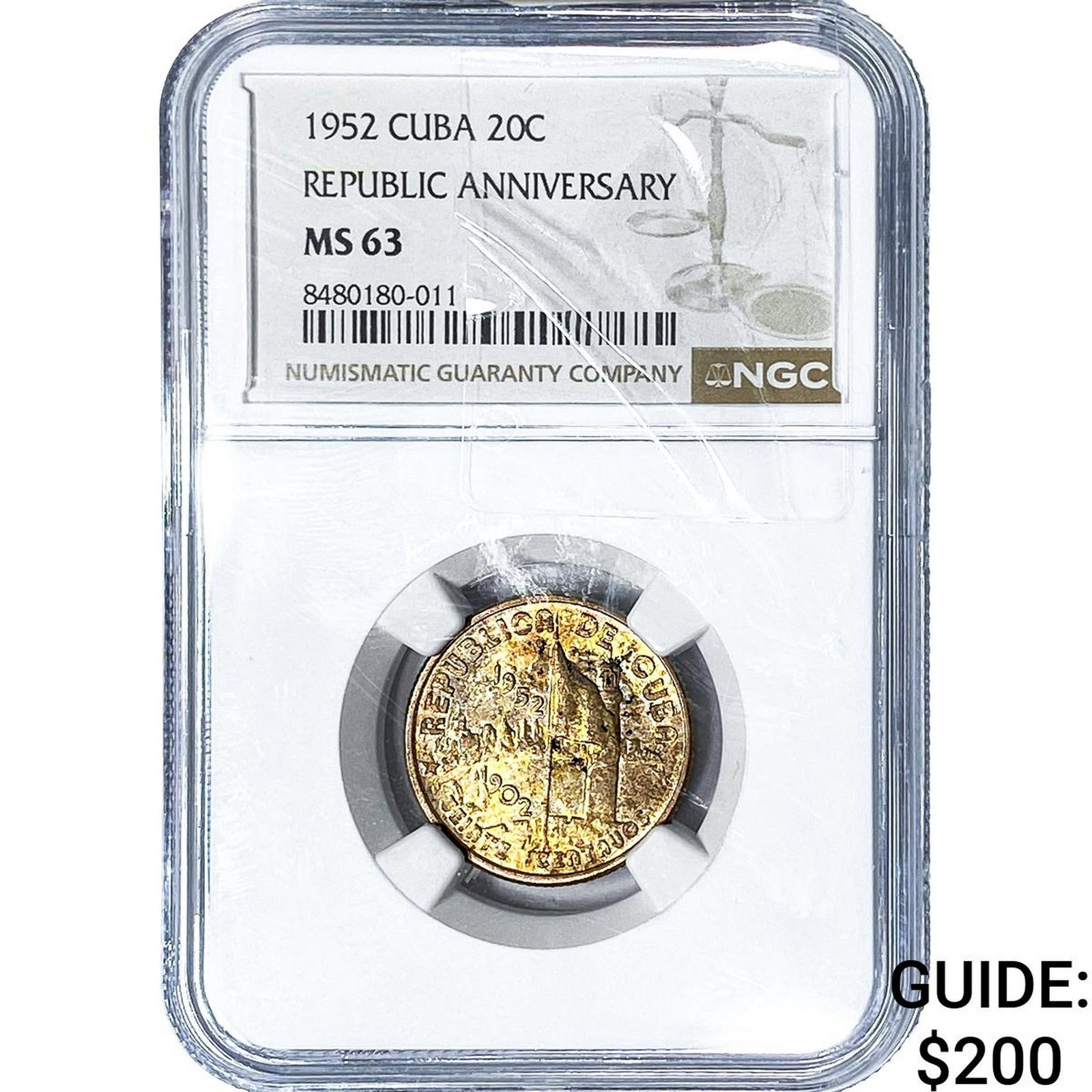 1952 Cuba Silver 20 Centavos NGC MS63: 1952 Cuba Silver 20 Centavos NGC MS63