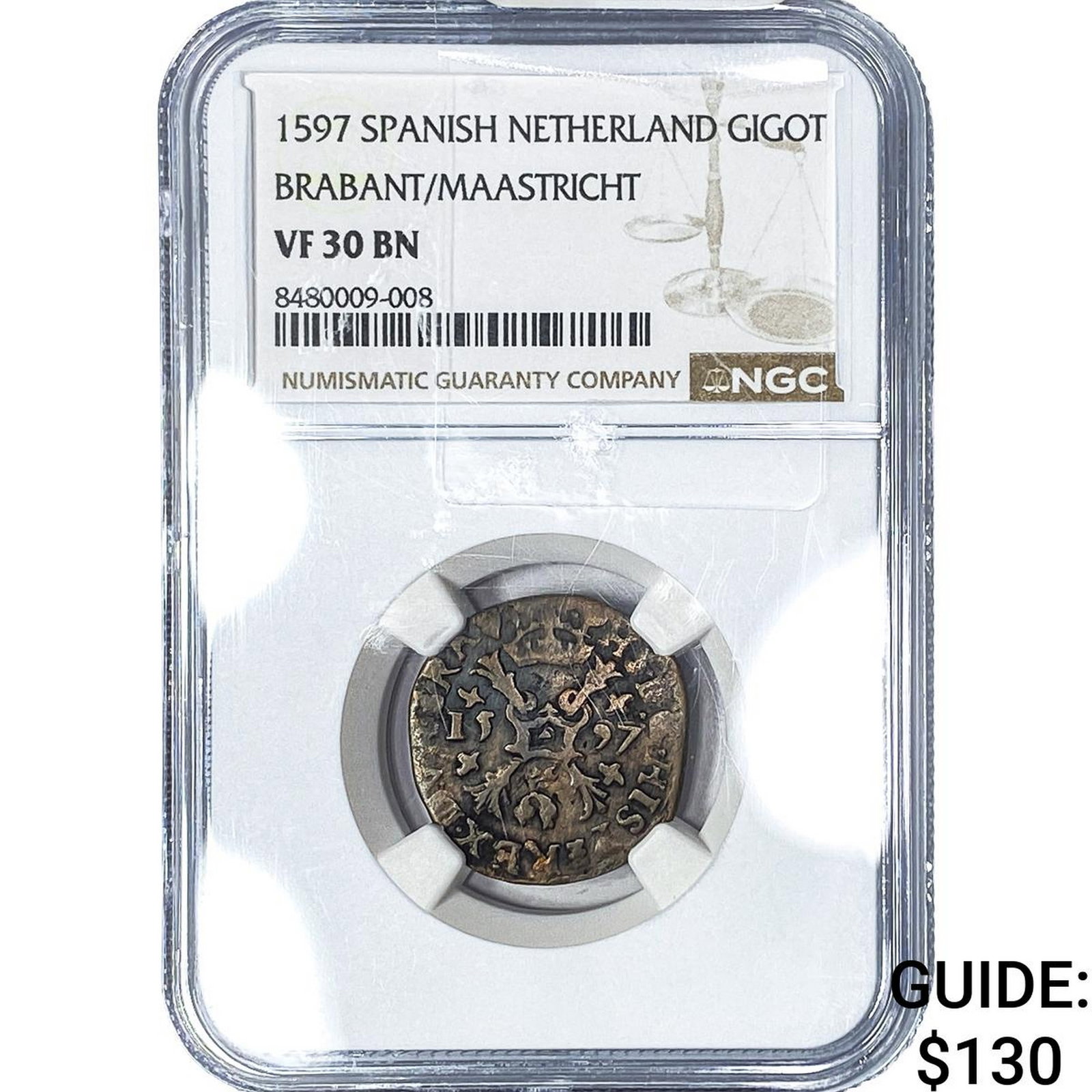 1597 Spanish Netherlands Copper Gigot NGC VF30 BN: 1597 Spanish Netherlands Copper Gigot NGC VF30 BN