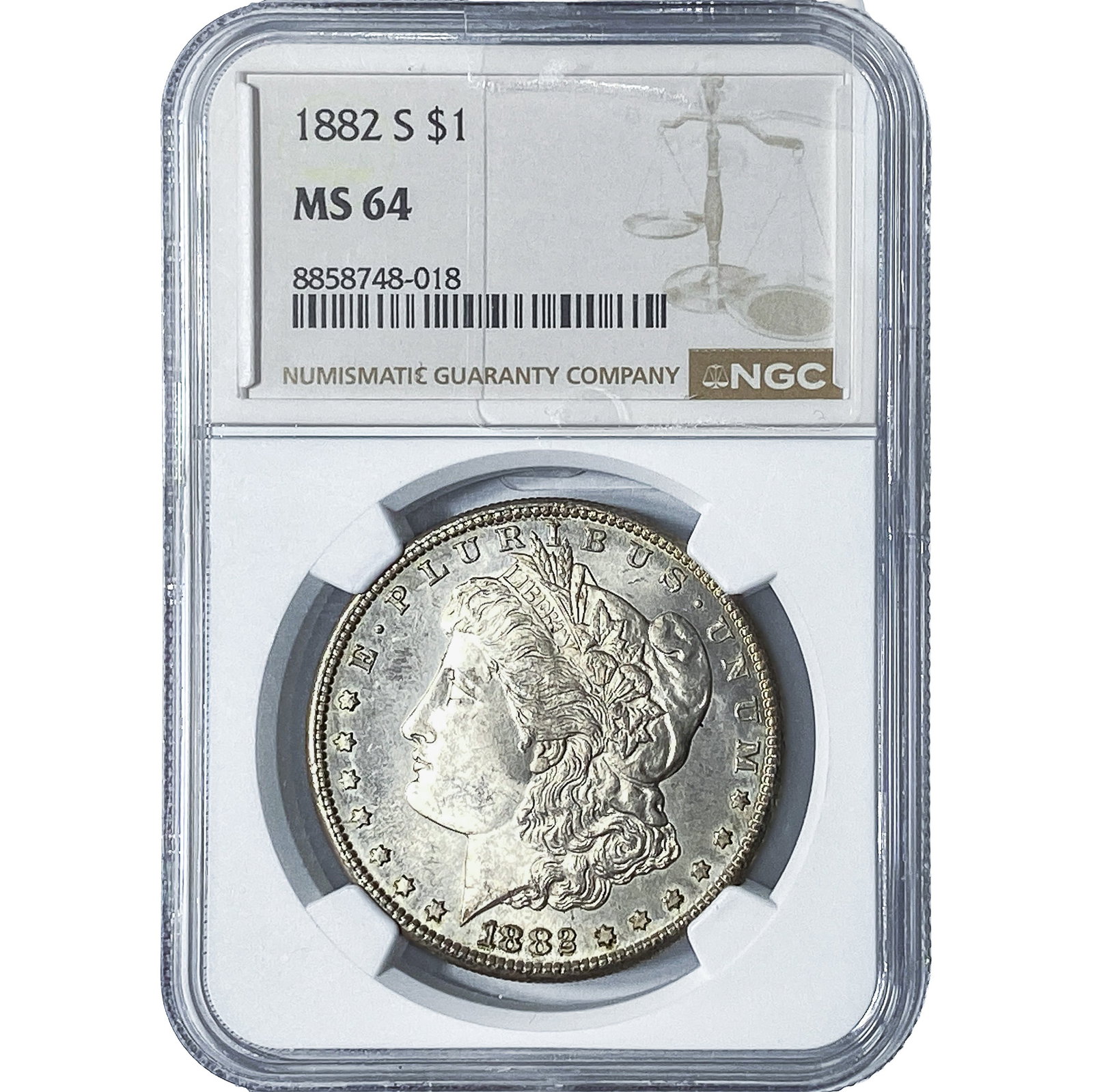 1882-S Morgan Silver Dollar NGC MS64: 1882-S Morgan Silver Dollar NGC MS64