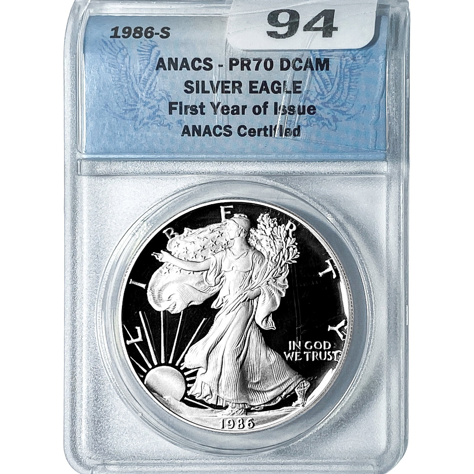 1986-S Silver Eagle ANACS PR70 DCAM: 1986-S Silver Eagle ANACS PR70 DCAM