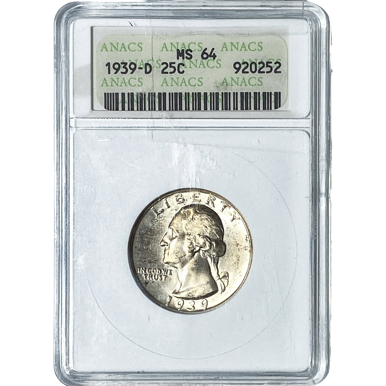 1939-D Washington Silver Quarter ANACS MS64: 1939-D Washington Silver Quarter ANACS MS64