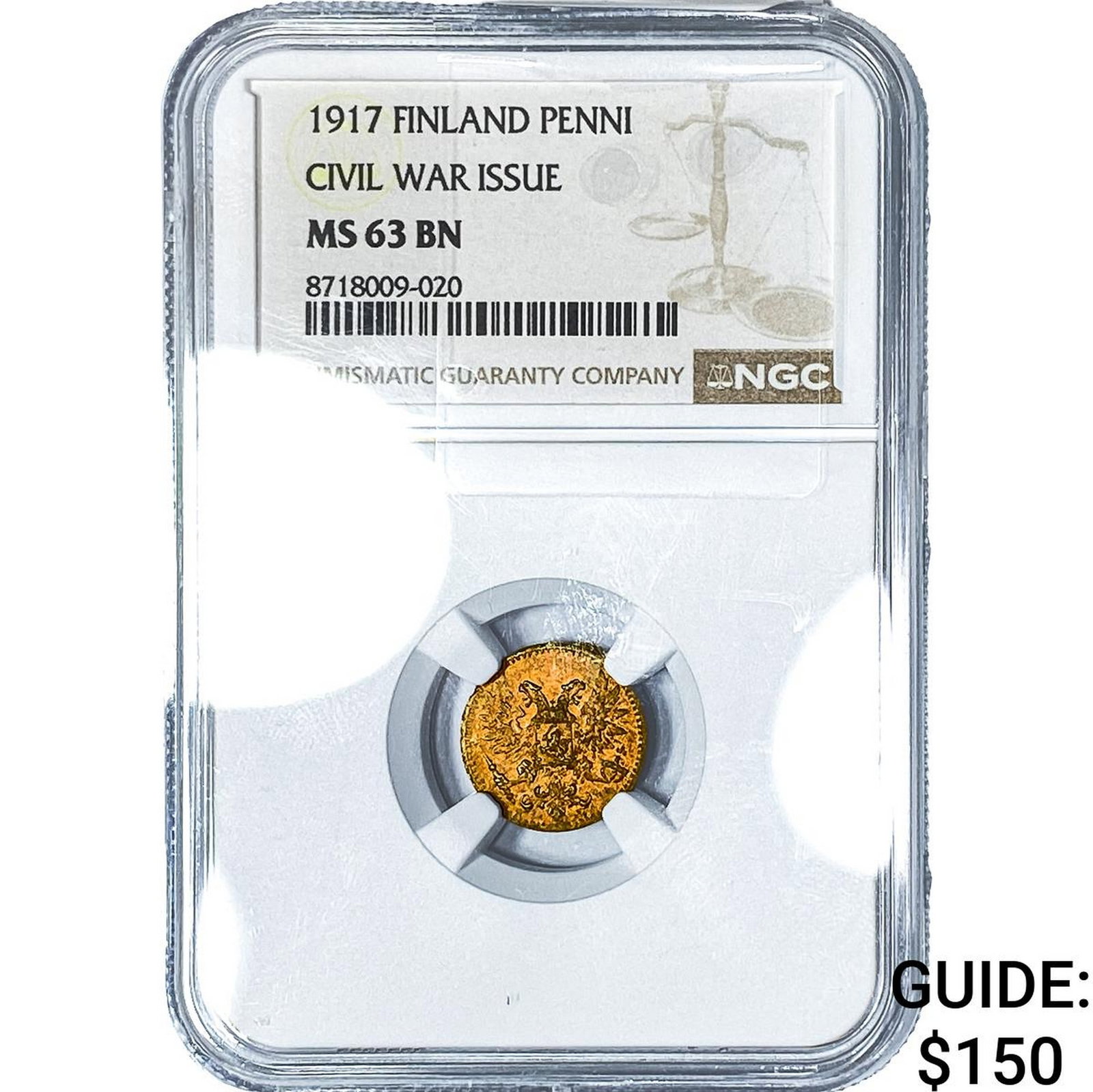 1917 Finland Civil War Issue Copper Penni NGC MS63 BN: 1917 Finland Civil War Issue Copper Penni NGC MS63 BN