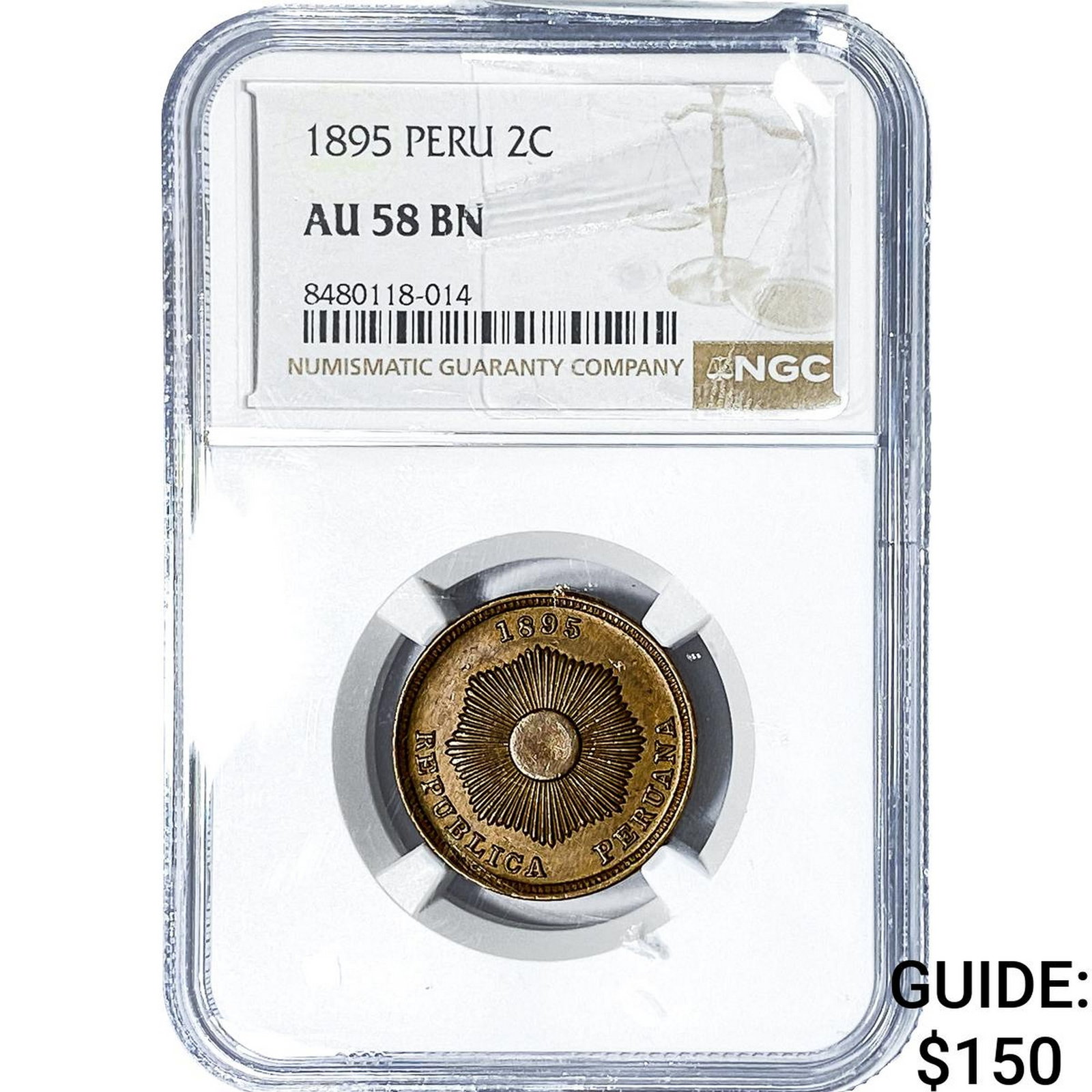 1895 Peru Copper 2 Centavos NGC AU58 BN (1 of 2)
