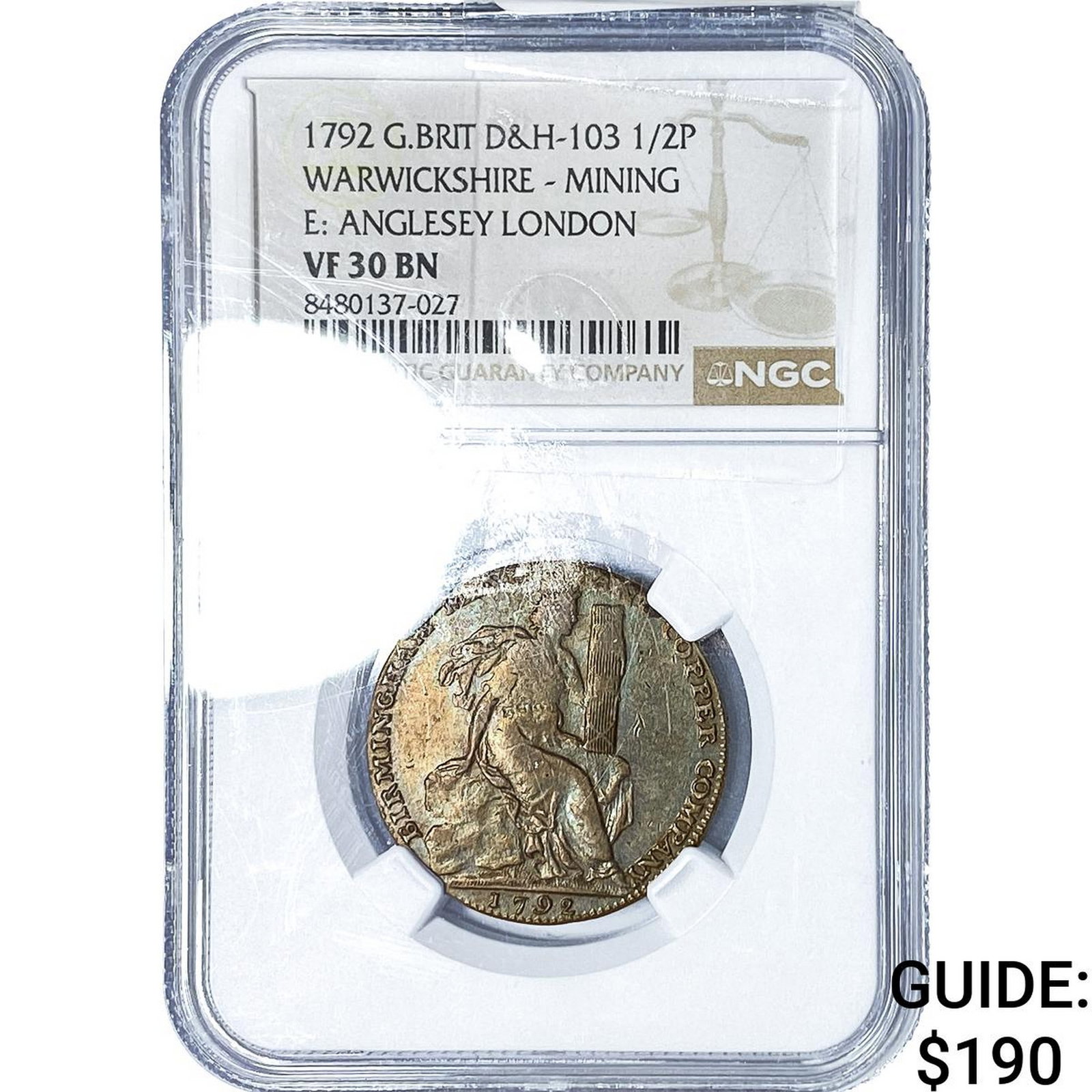 1792 Warwickshire, Condor Copper 1/2 Penny NGC VF30 BN (1 of 2)
