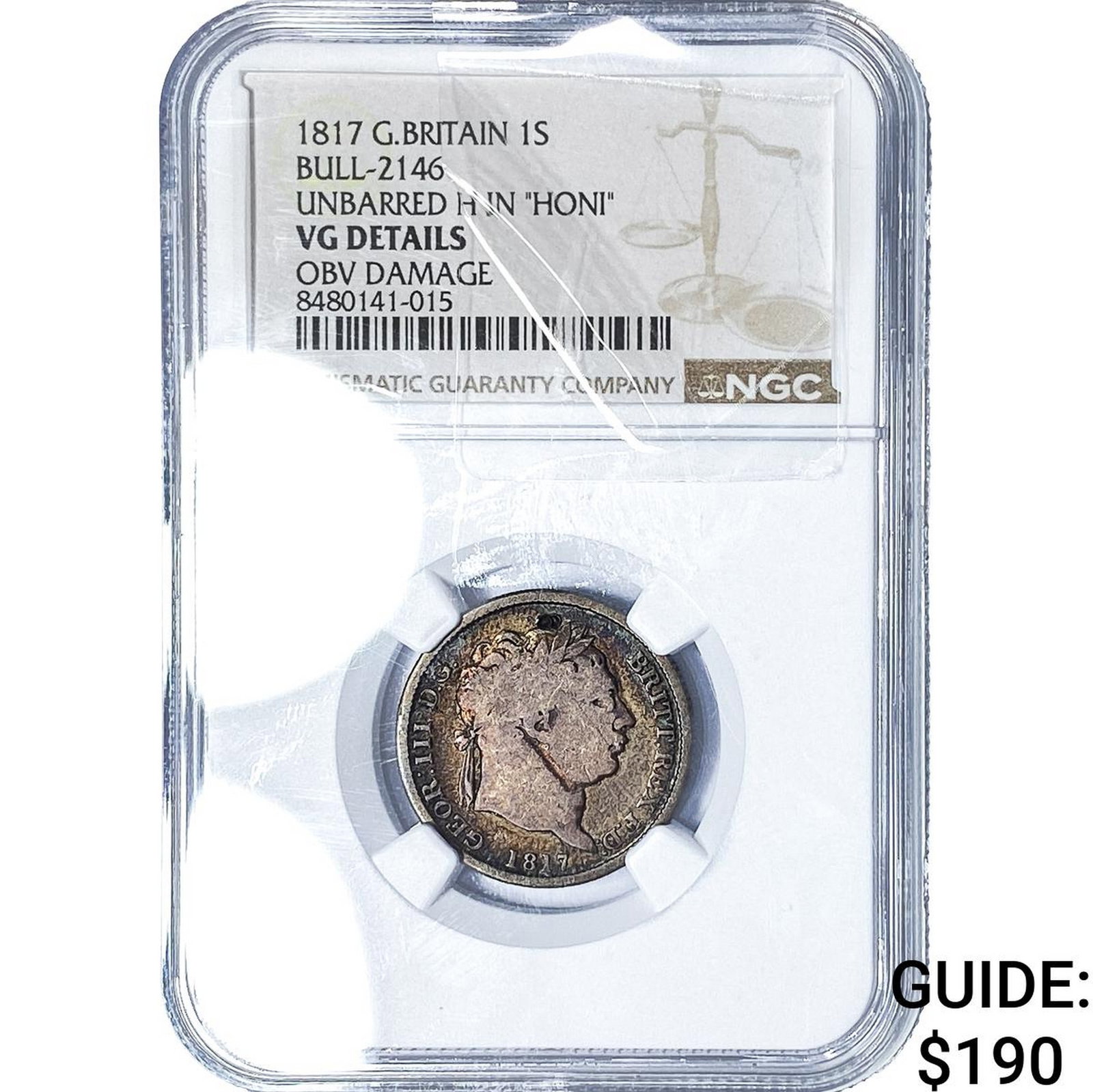 1817 Great Britain Silver 1 Shilling Toned! NGC VG Details: 1817 Great Britain Silver 1 Shilling Toned! NGC VG Details