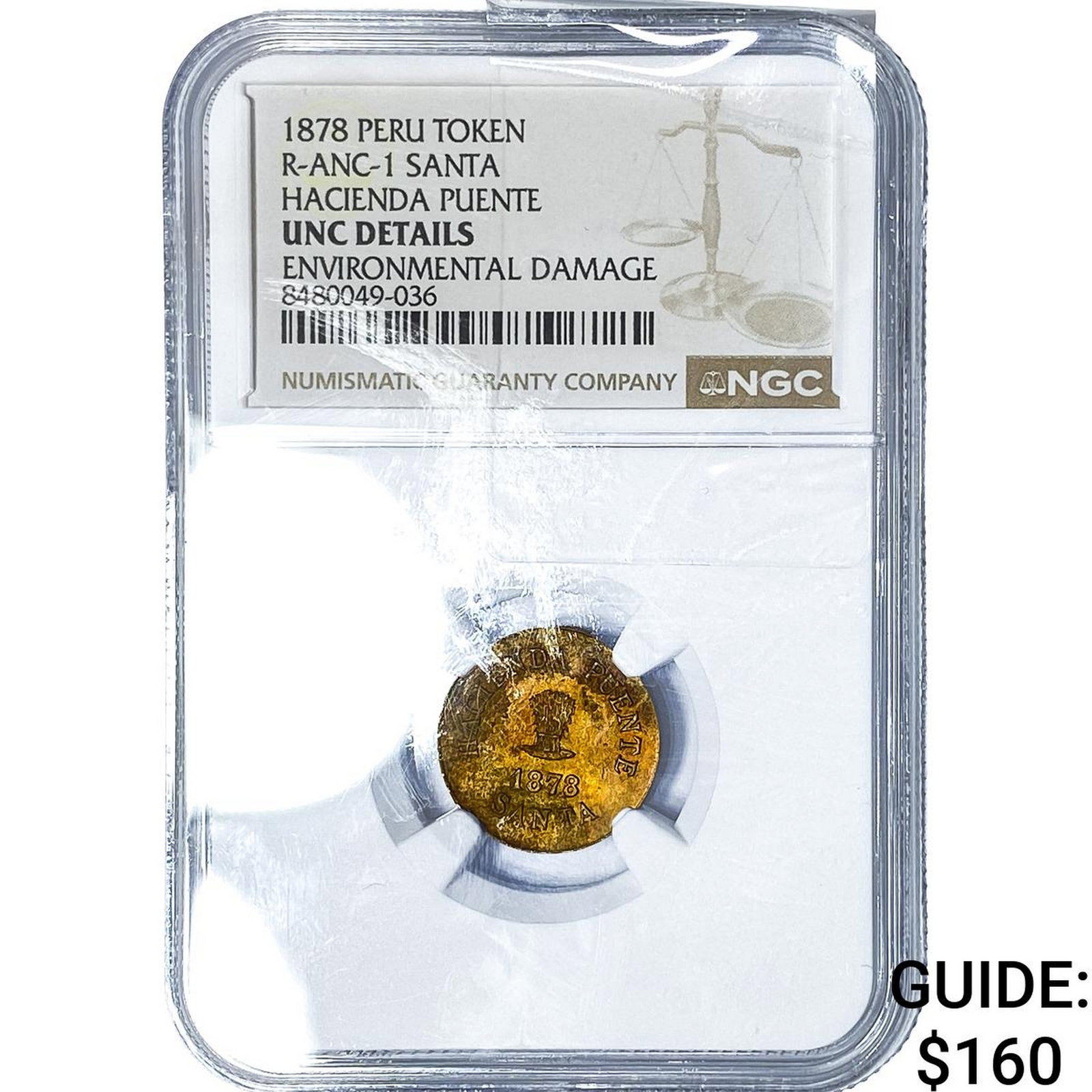 1878 Peru Hacienda Puente Copper Token NGC UNC Details (1 of 2)