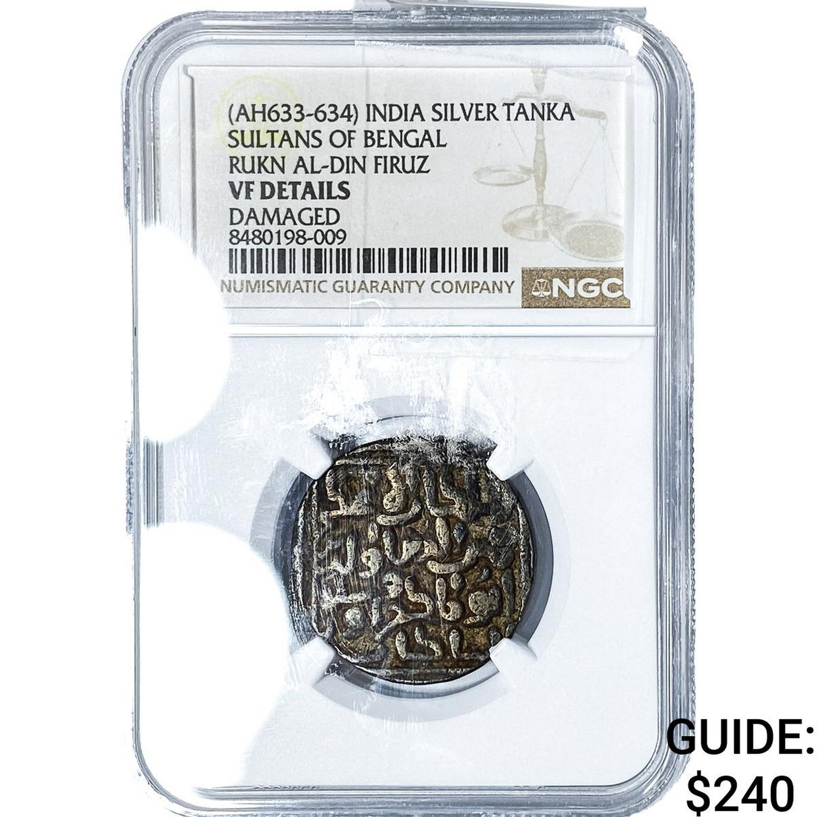 (AH633-634) India, SUltans of Bengal Silver 1 Tanka NGC VF Details (1 of 2)