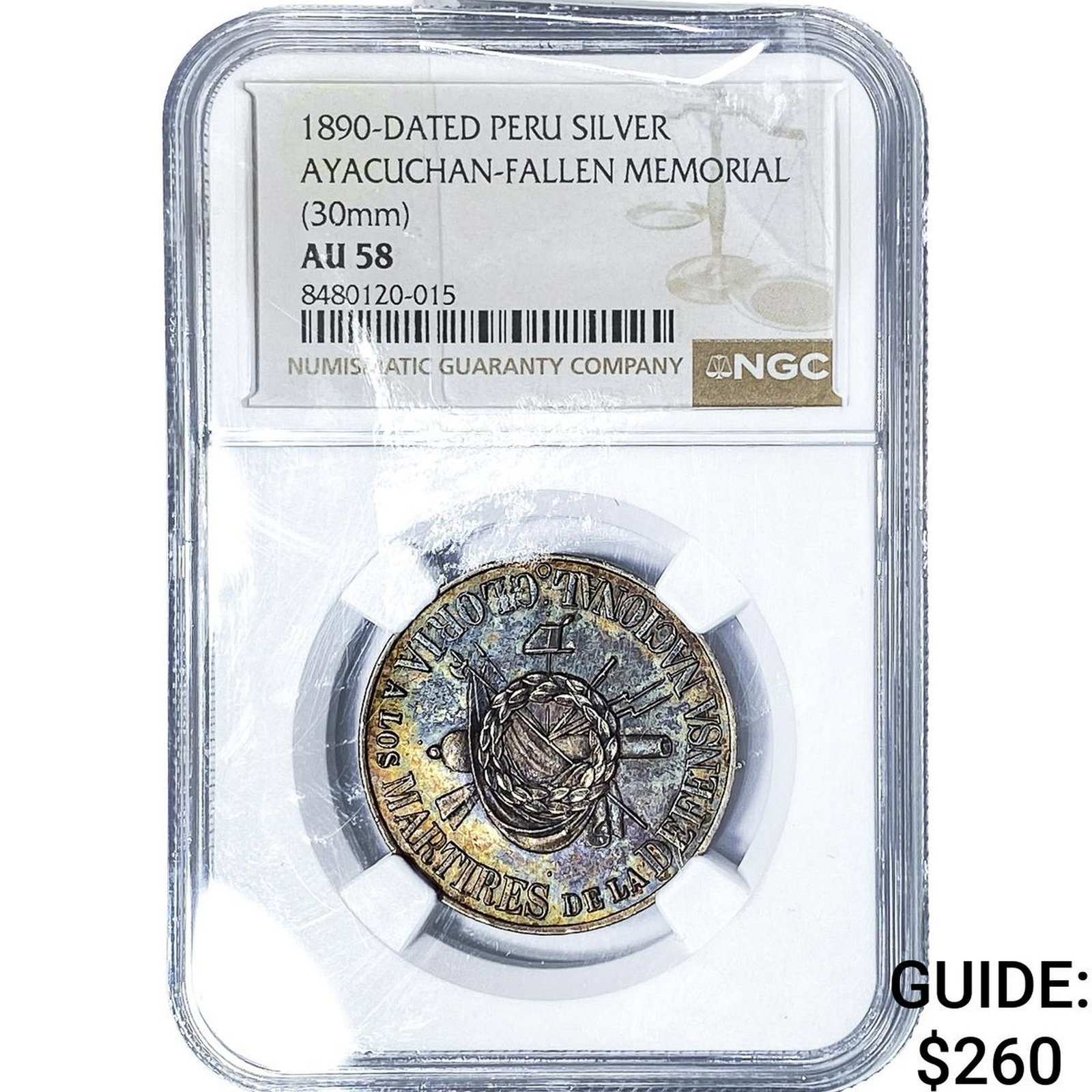1890 Peru Ayacuchan-Fallen Memorial Silver Medal Toned! NGC AU58: 1890 Peru Ayacuchan-Fallen Memorial Silver Medal Toned! NGC AU58