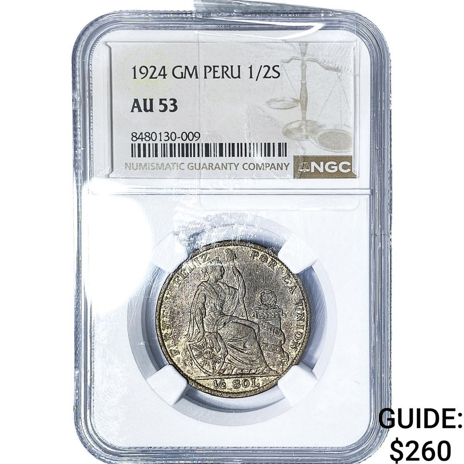 1924 Peru Silver 1/2 Sol NGC AU53: 1924 Peru Silver 1/2 Sol NGC AU53