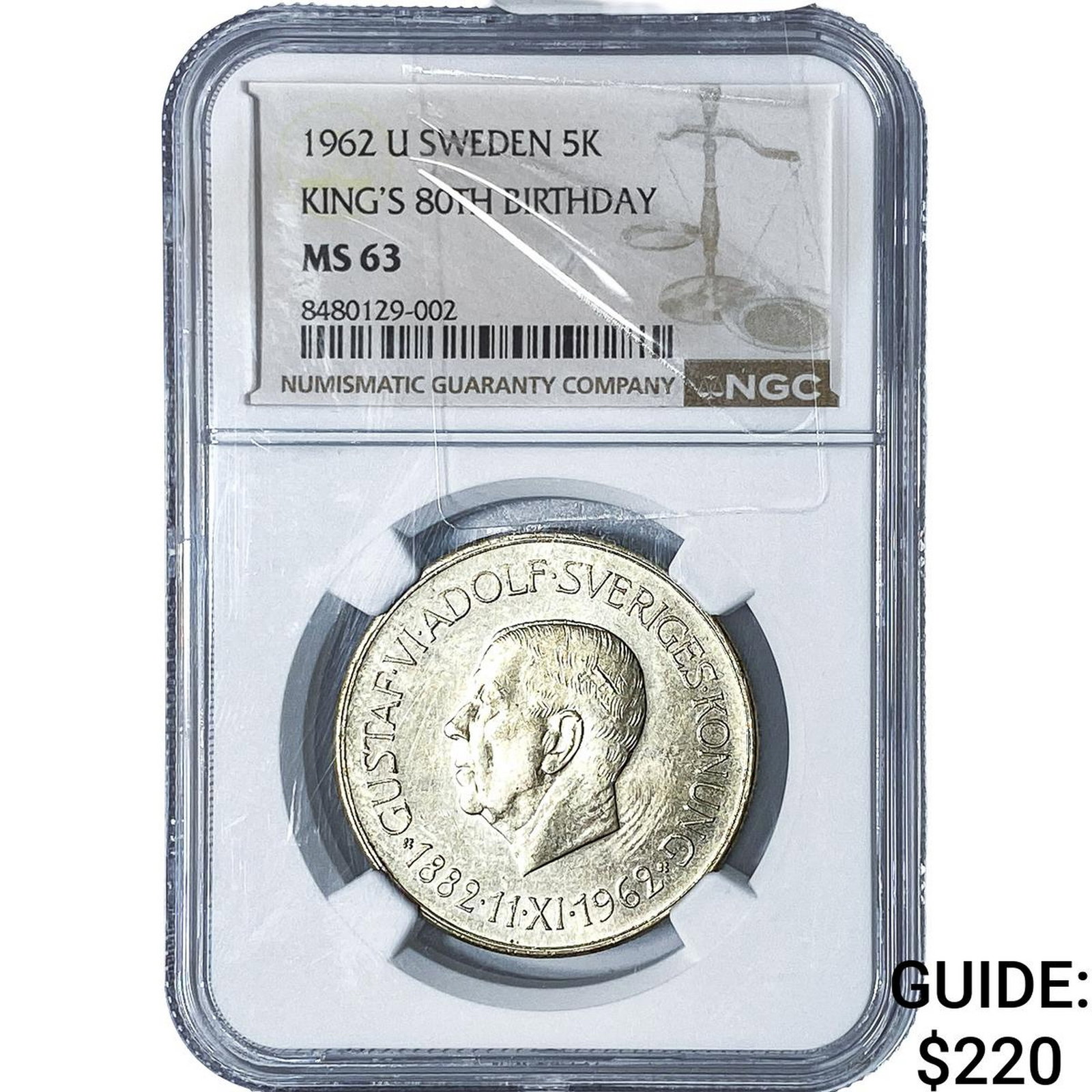1962 Sweden King's 80th Birthday Silver 5 Kroner NGC MS63 (1 of 2)