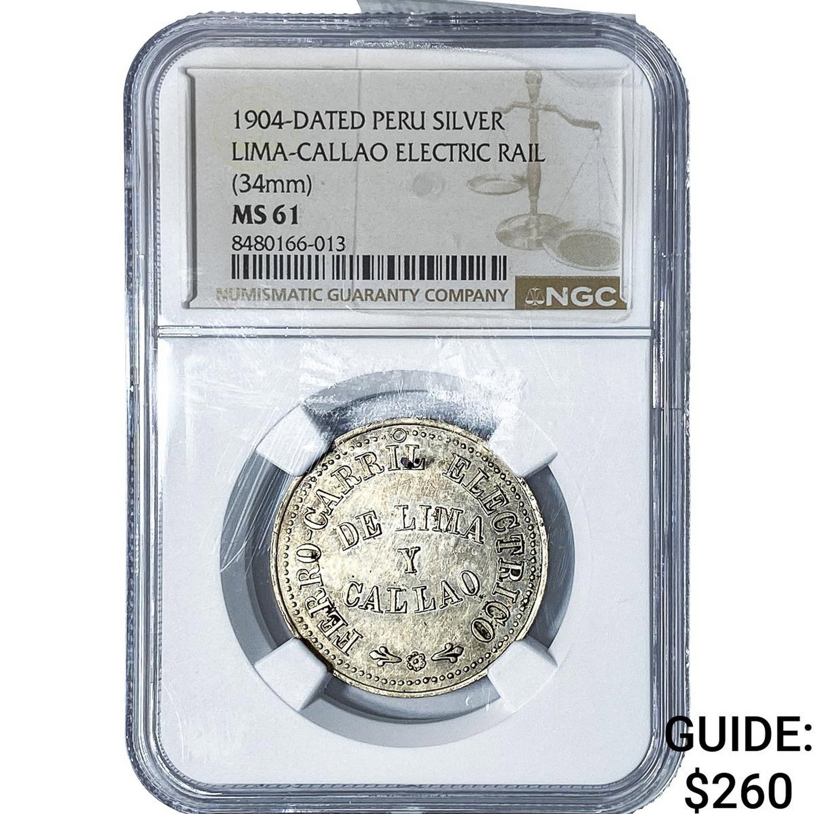 1904 Peru Callao Electric Rail Silver Medal NGC MS61: 1904 Peru Callao Electric Rail Silver Medal NGC MS61