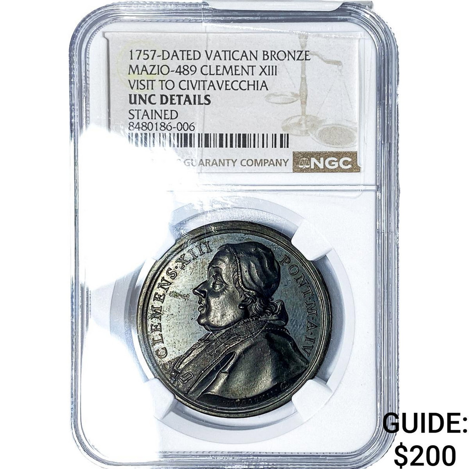 1757 Vatican Bronze Clement XIII Visit to Civitavecchia Medal NGC UNC Details (1 of 2)