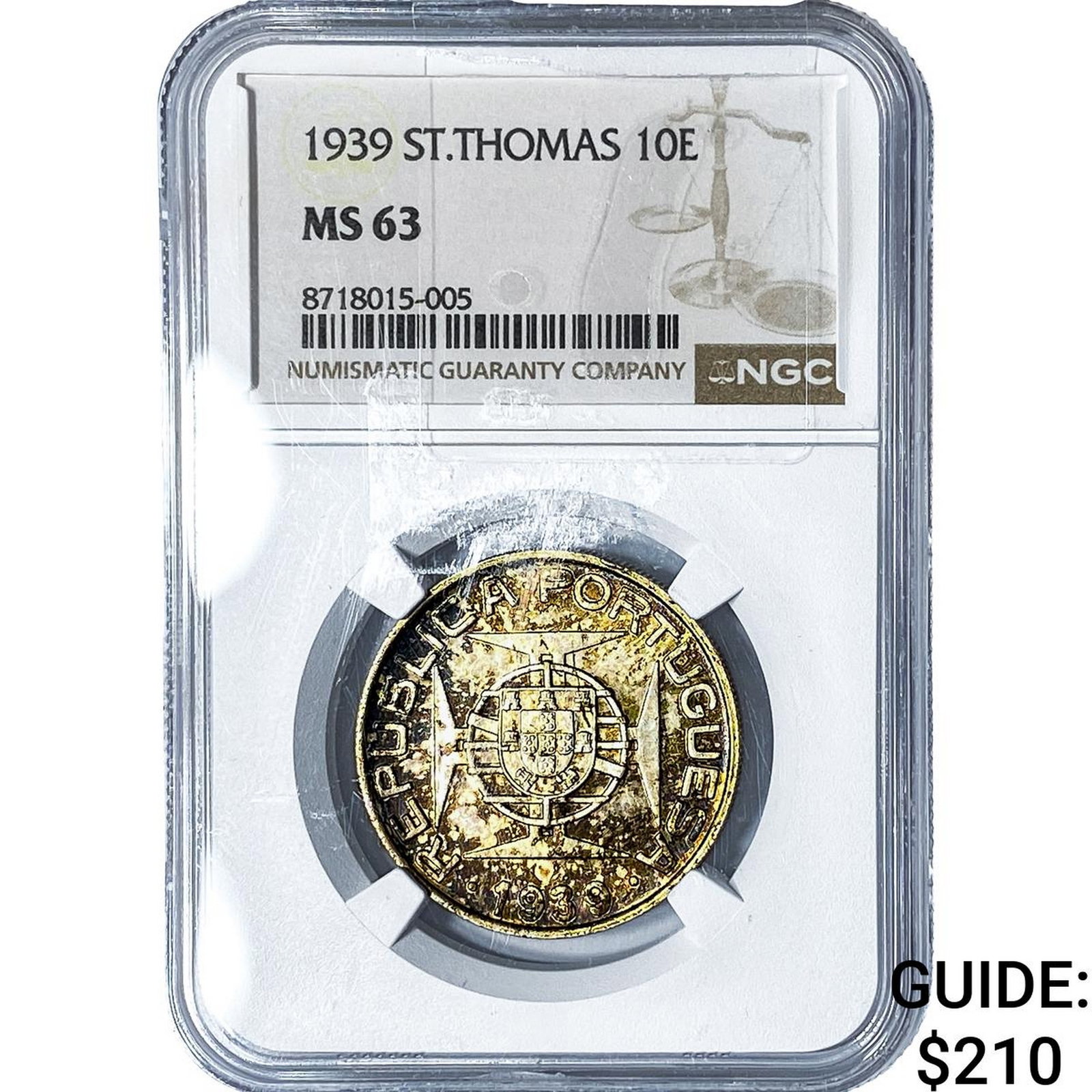 1939 St. Thomas Silver 10 Escudos Toned! NGC MS63: 1939 St. Thomas Silver 10 Escudos Toned! NGC MS63