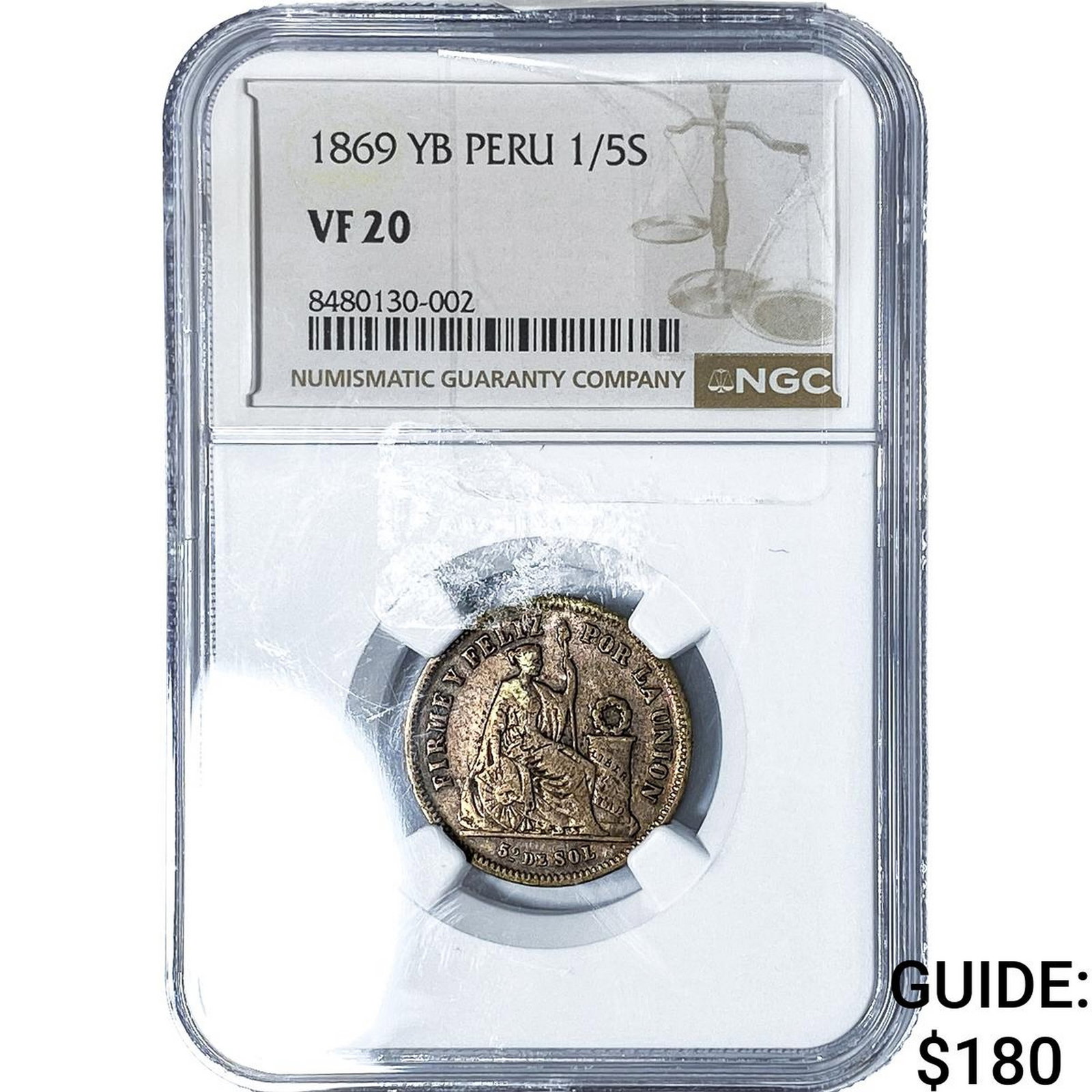 1869 Peru Silver 1/5 Sol NGC VF20: 1869 Peru Silver 1/5 Sol NGC VF20