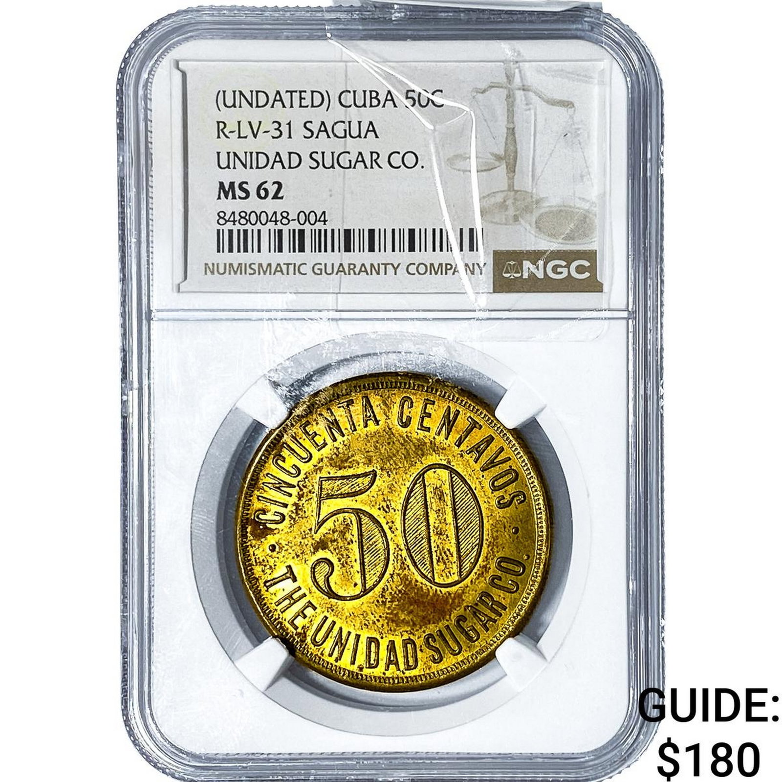 Undated Cuba, Sagua Brass 50 Centavos NGC MS62 (1 of 2)