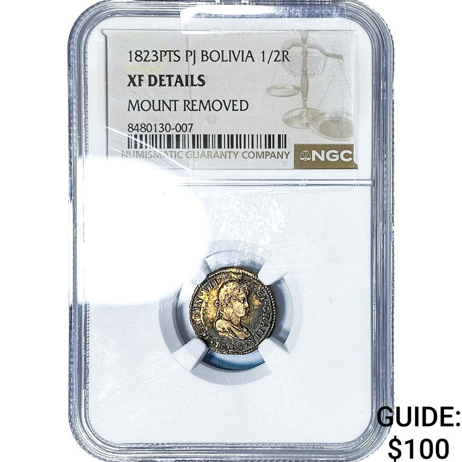 1823-PTS Bolivia Silver 1/2 Real NGC XF Details (1 of 2)