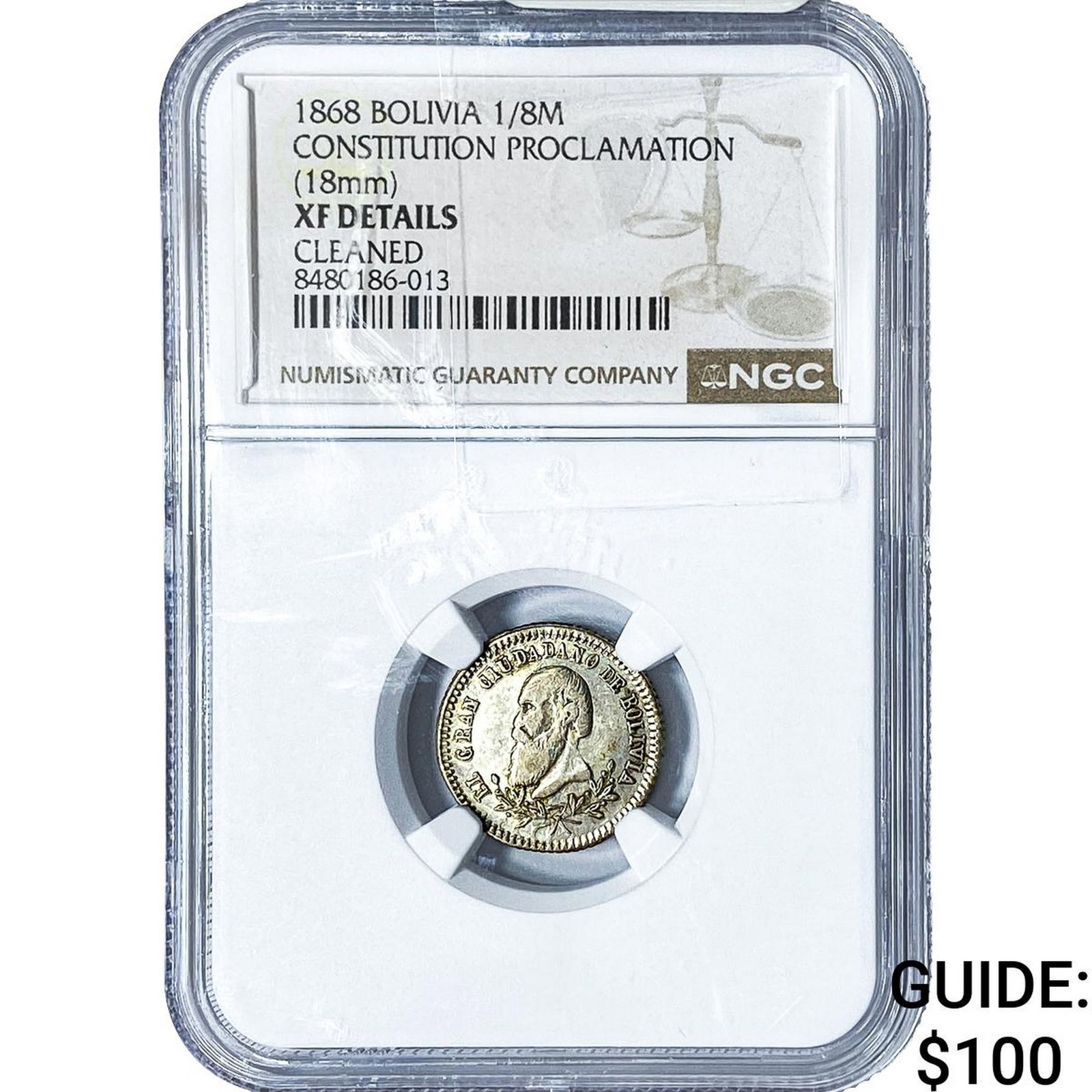 1868 Bolivia Constitution Silver 1/8 Melgarejo NGC XF Details (1 of 2)