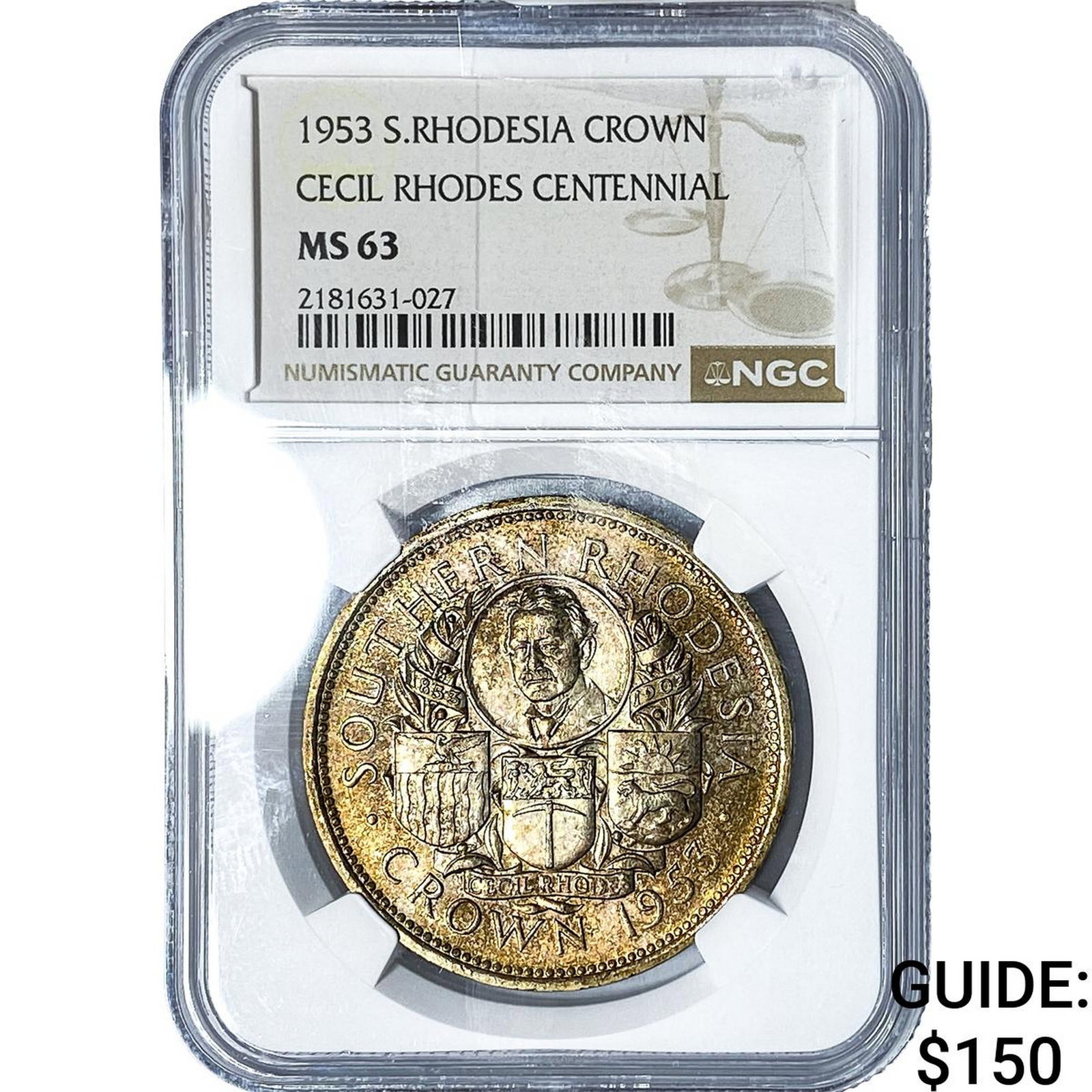 1953 S. Rhodesia Silver 1 Crown NGC MS63: 1953 S. Rhodesia Silver 1 Crown NGC MS63