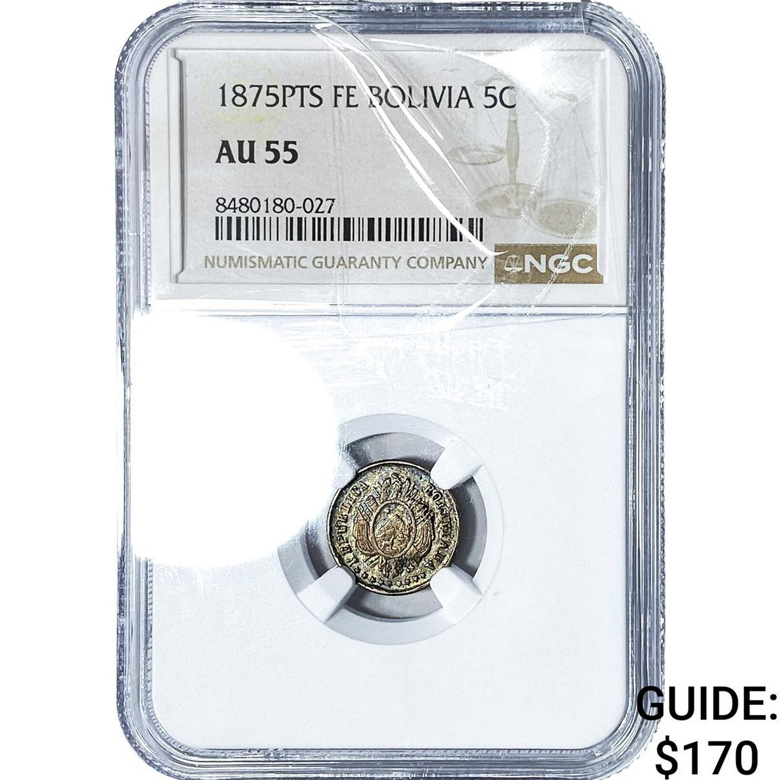 1875-PTS Bolivia Silver 5 Centavos NGC AU55 (1 of 2)